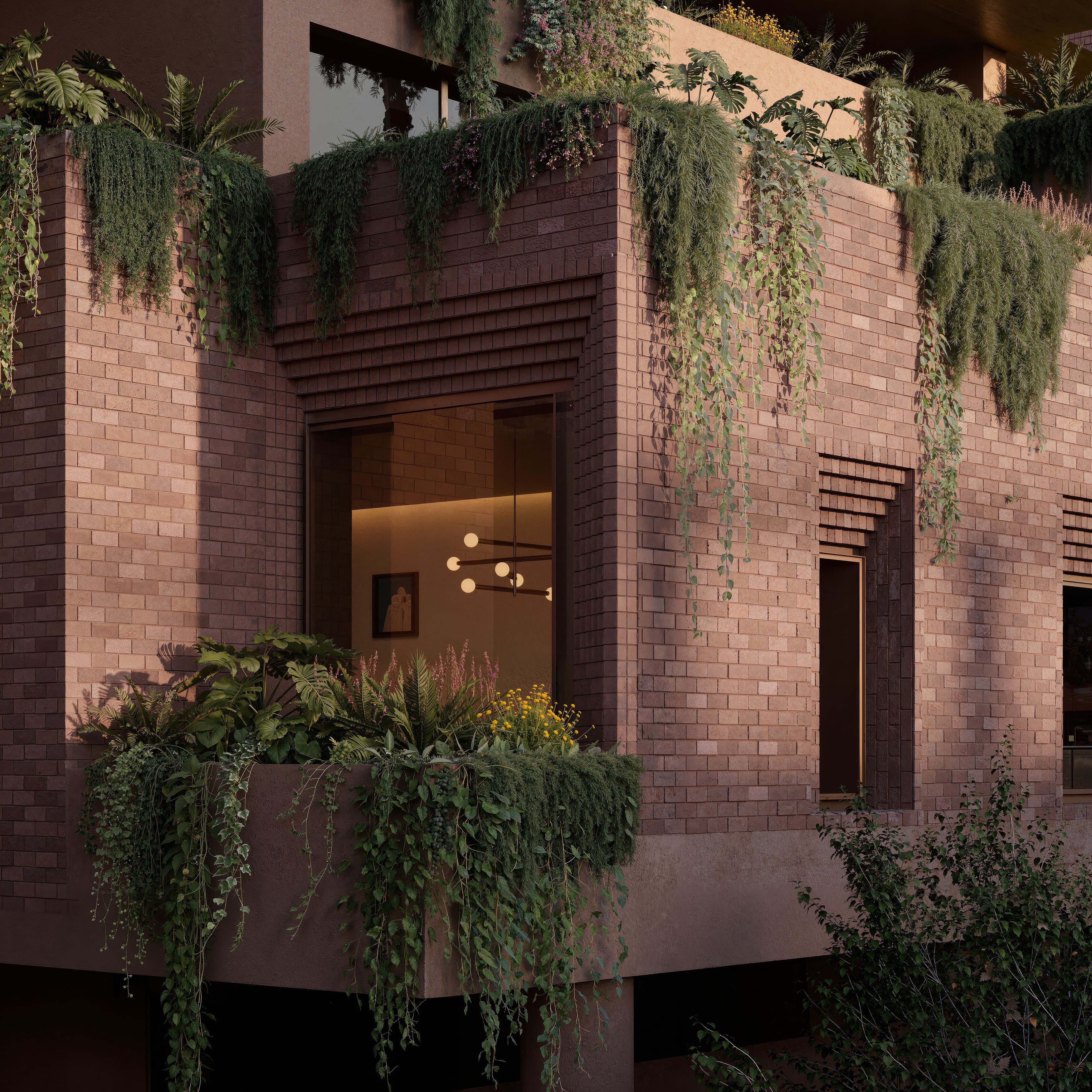 Planted brick laneway building with cascading greenery, Sanctuary South Brisbane
