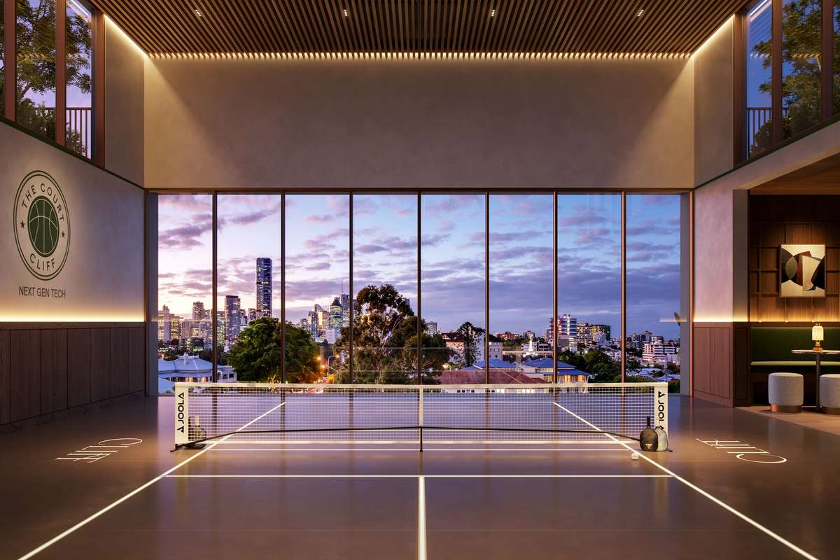The Court at Cliff by Aria in Brisbane, an elevated, professional-grade multi-sport court eight levels above the Kangaroo Point Cliffs, featuring next-gen tech, timber finishes, and views over Brisbane's city skyline.