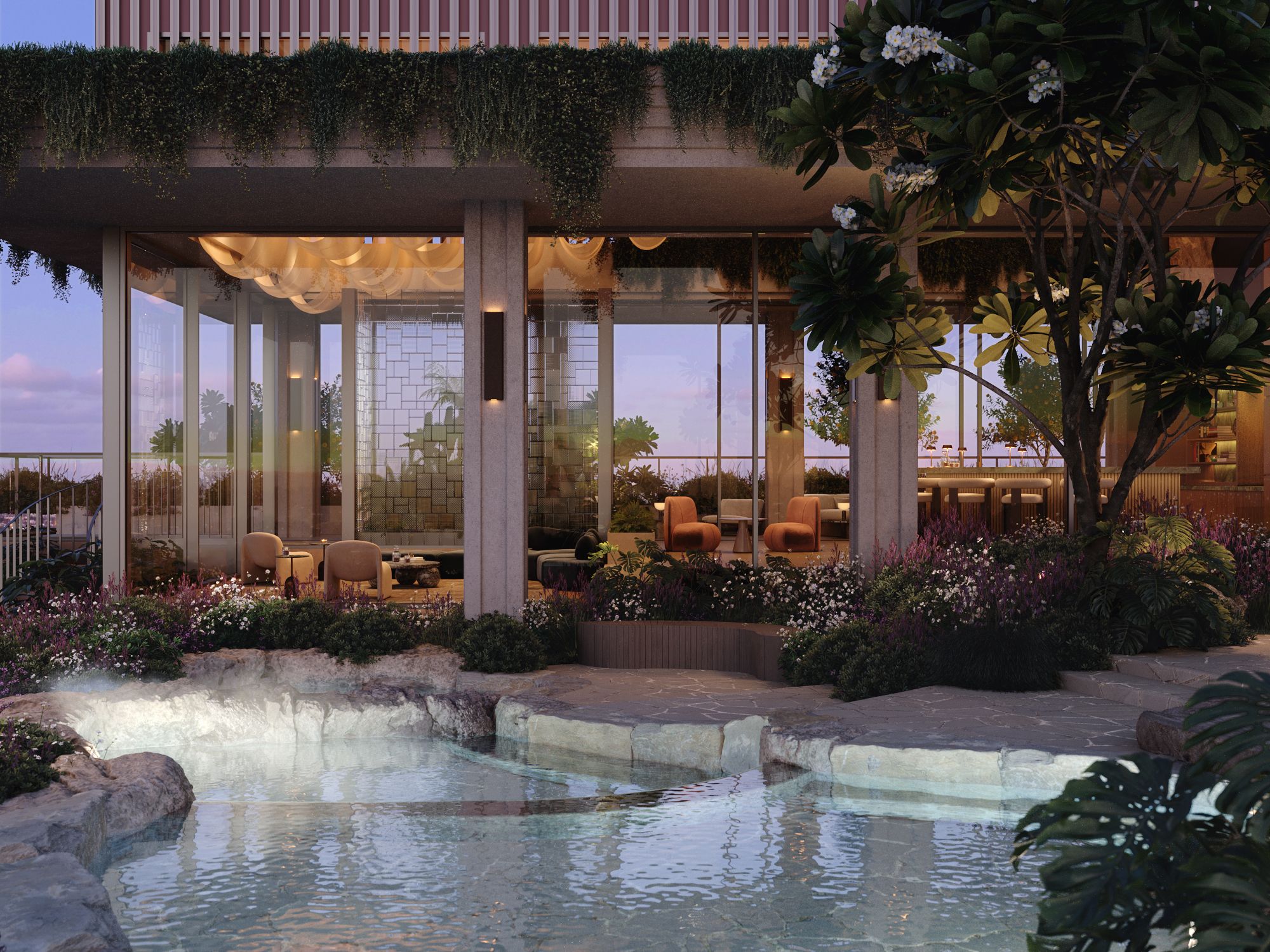 Resort-style pool and landscaped gardens at Cliff by Aria in Brisbane, featuring luxurious outdoor seating and lush greenery.