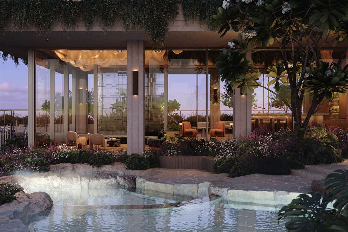 Resort-style pool and landscaped gardens at Cliff by Aria in Brisbane, featuring luxurious outdoor seating and lush greenery.