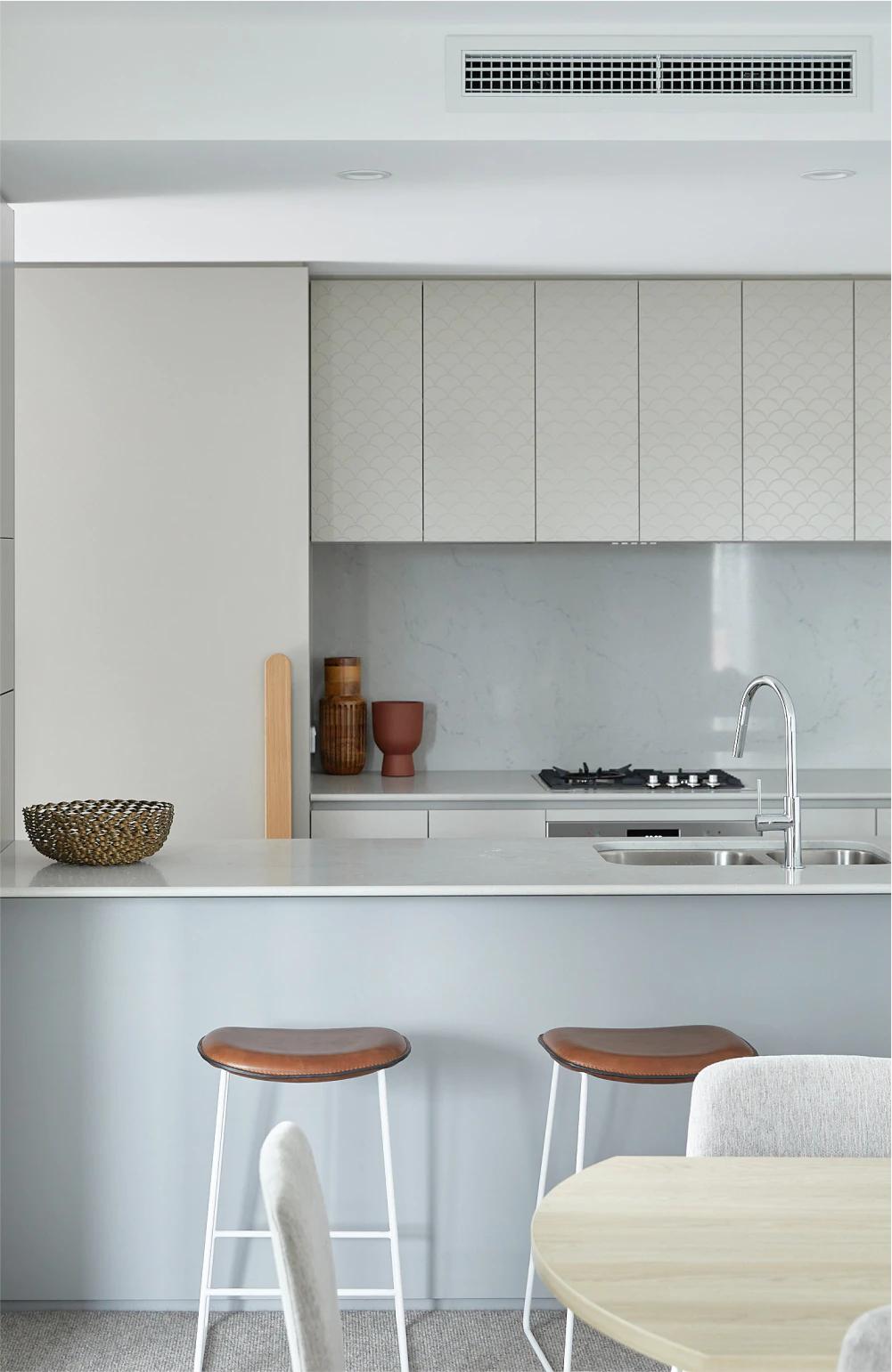 Amira by Aria located in East Brisbane, luxury apartment kitchen in light colour scheme.