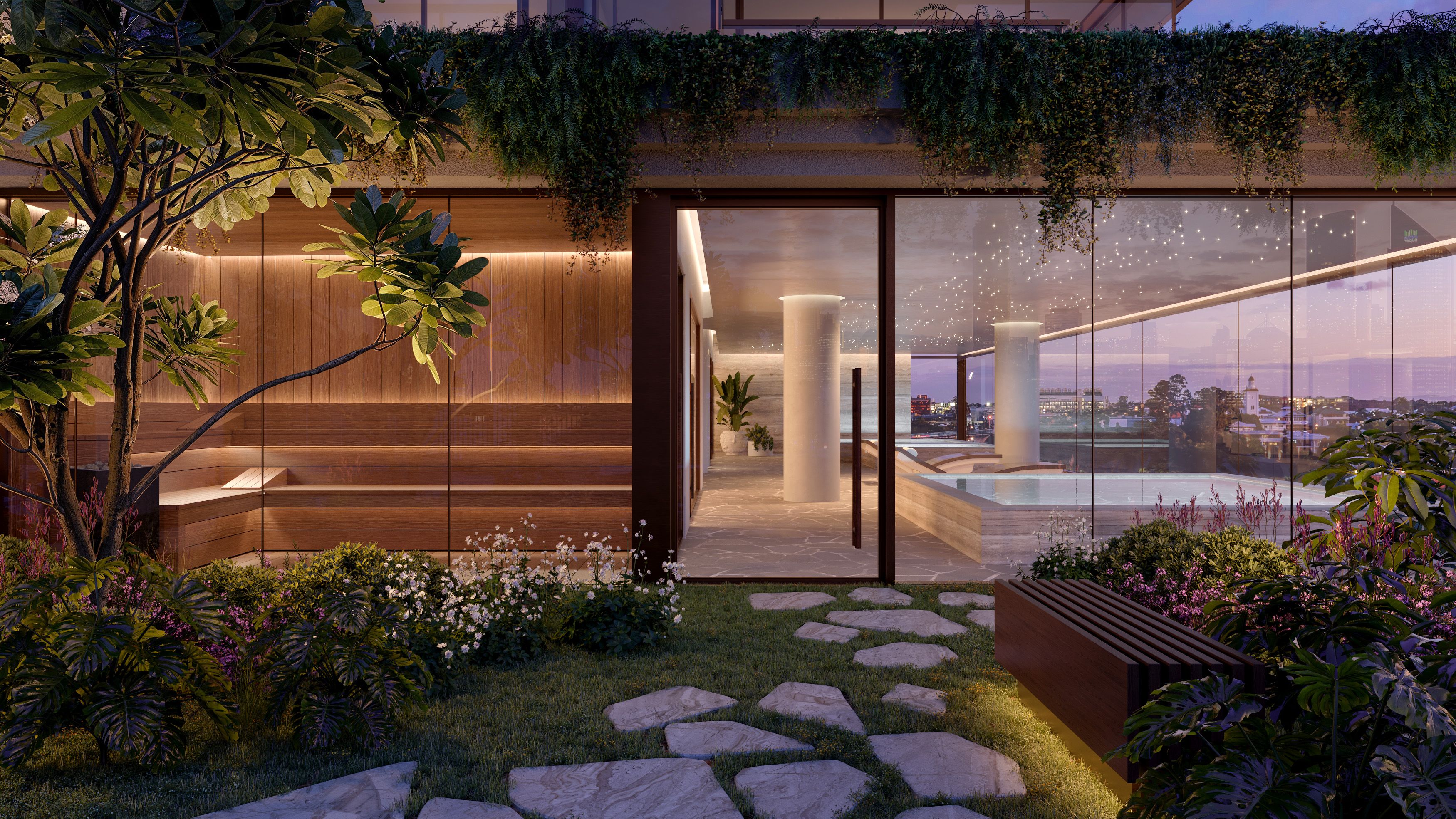 The Wellness Club, including a luxury sauna and steam room at Cliff by Aria in Brisbane, featuring timber finishes, landscaped garden entry, and panoramic river views from the wellness retreat.