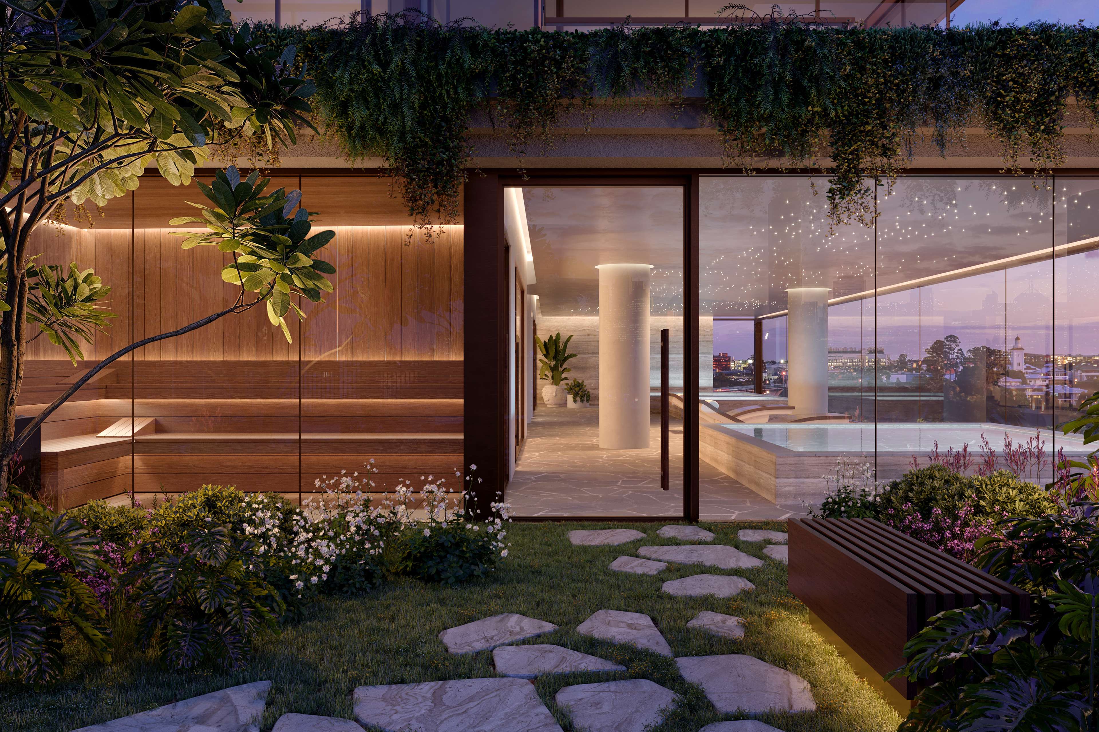 The Wellness Club, including a luxury sauna and steam room at Cliff by Aria in Brisbane, featuring timber finishes, landscaped garden entry, and panoramic river views from the wellness retreat.