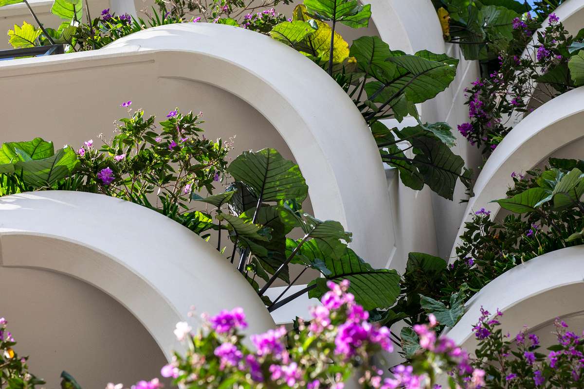 TreeHouse by Aria, luxury apartment facade with lush green and floral garden.