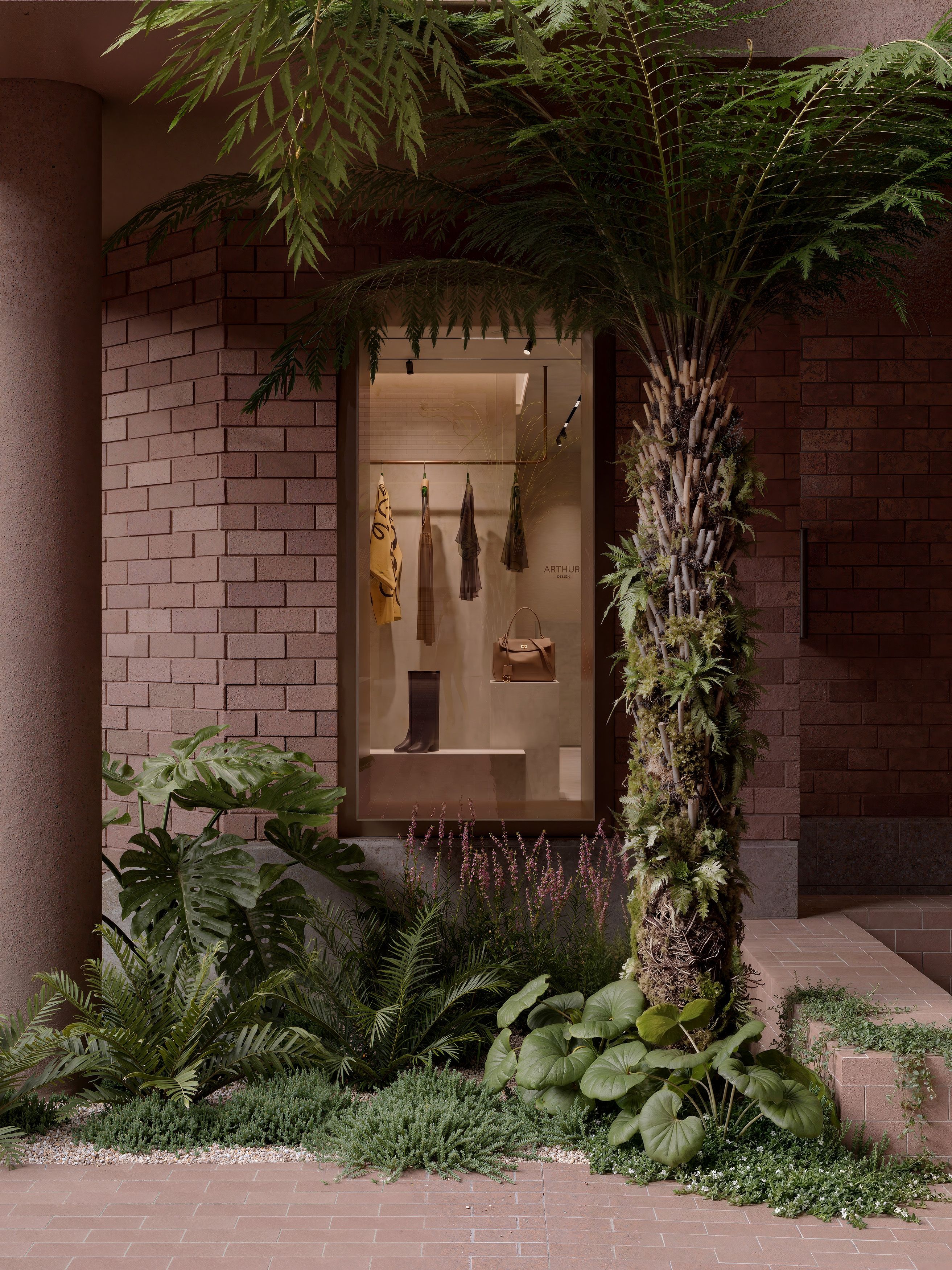 Boutique window framed by tree ferns in a Sanctuary South Brisbane laneway