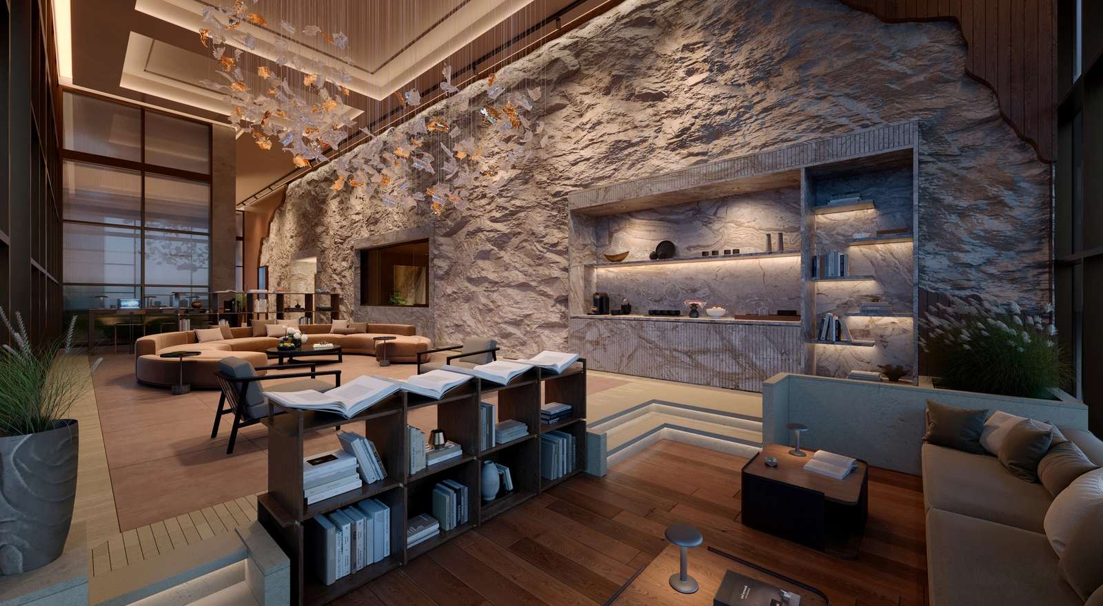 Luxury lobby at Cliff by Aria in Brisbane, featuring a dramatic natural stone feature wall, sculptural lighting installation, and sophisticated lounge seating.