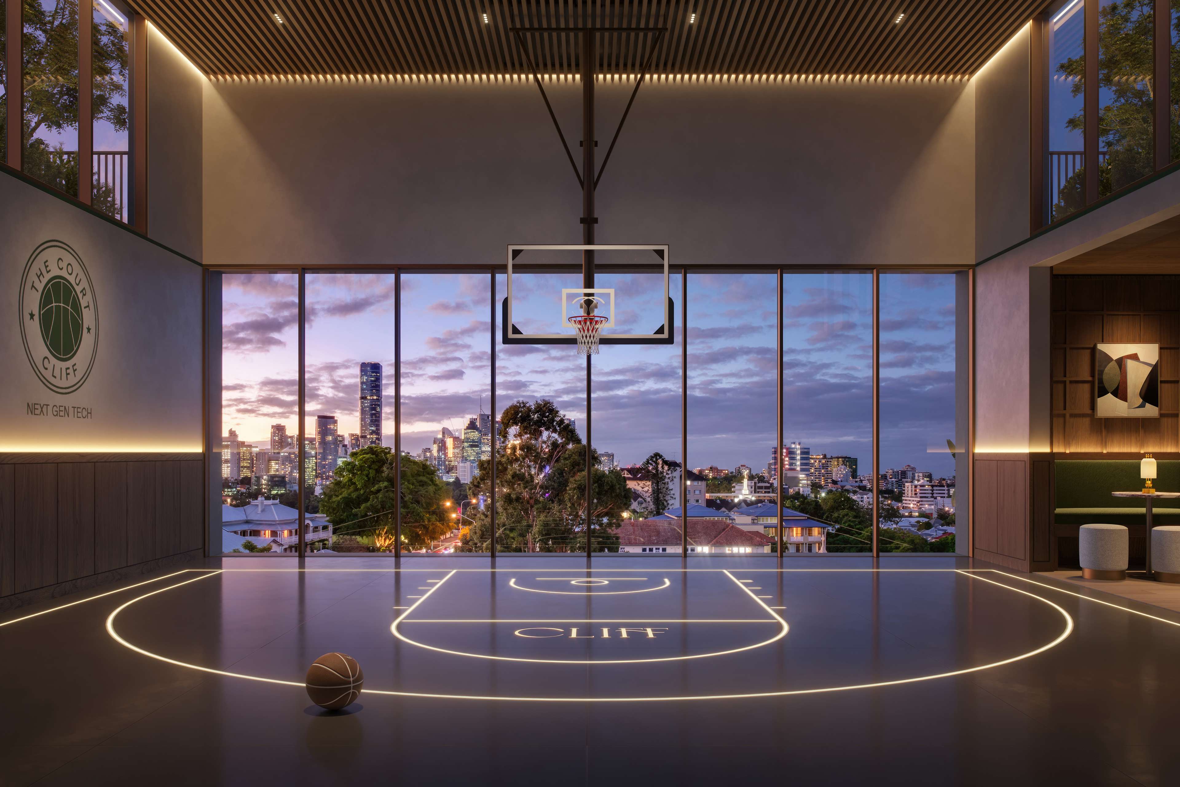 The Court at Cliff by Aria in Brisbane, an elevated, professional-grade multi-sport court eight levels above the Kangaroo Point Cliffs, featuring next-gen tech, timber finishes, and views over Brisbane's city skyline.