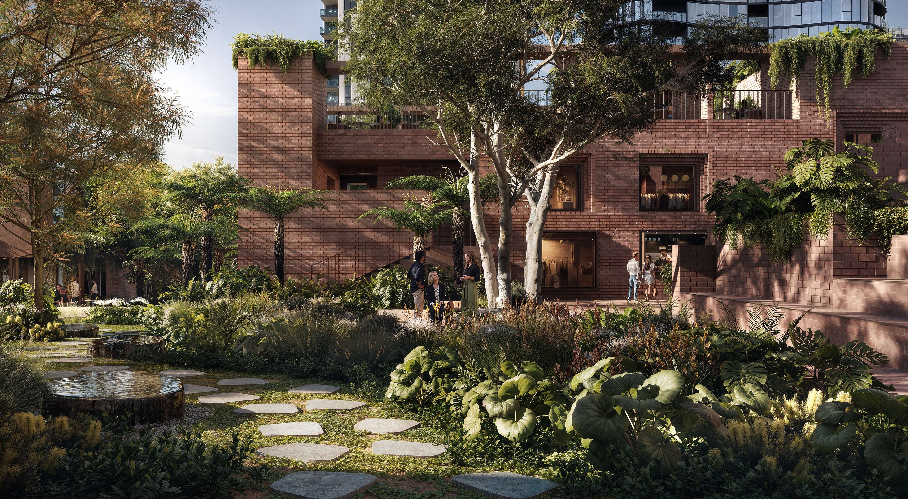 Sanctuary Park with stepping-stone paths, meadow planting and the Melbourne Street pavilion