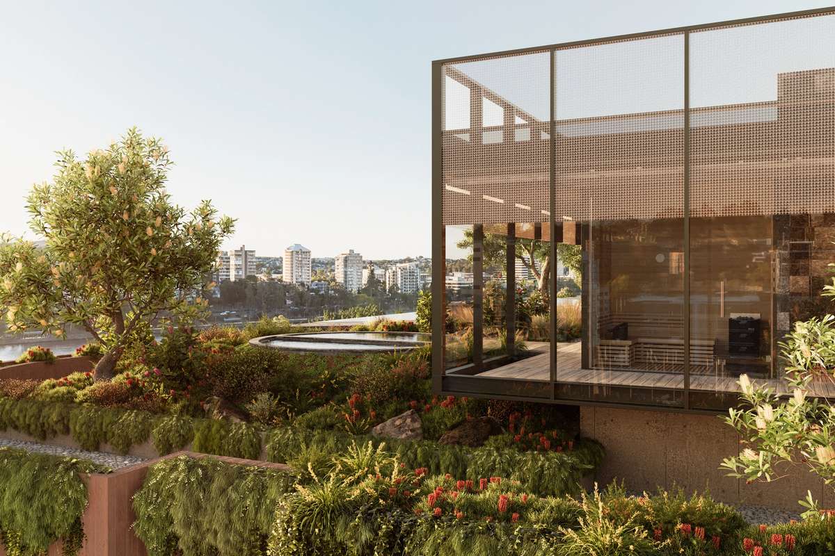 Lucerna by Aria in Brisbane, luxury rooftop amenity overlooking the Brisbane river and city.