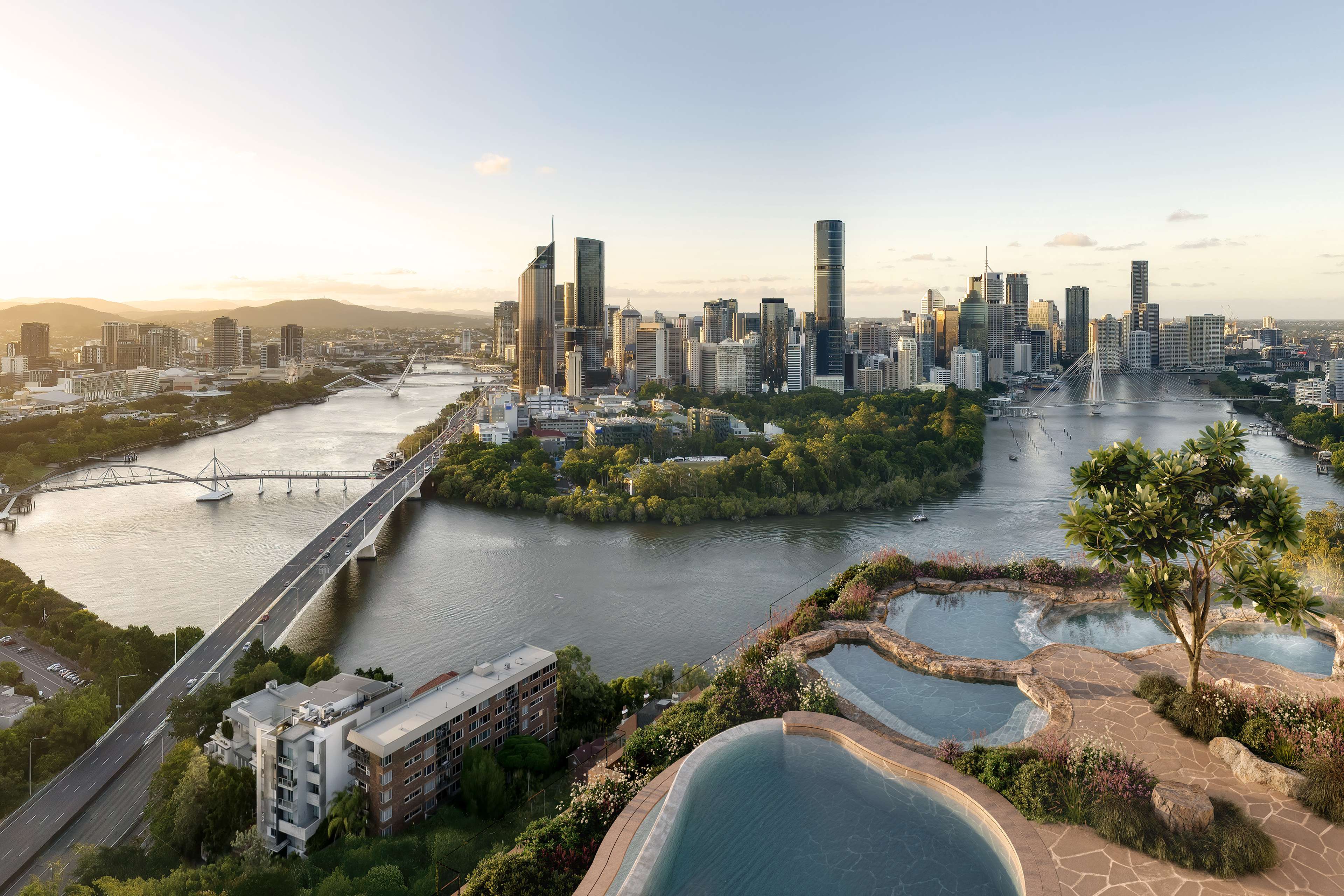 Rooftop infinity rock pools at Cliff by Aria in Brisbane with sweeping views of the Brisbane River, city skyline, and mountains at sunset.