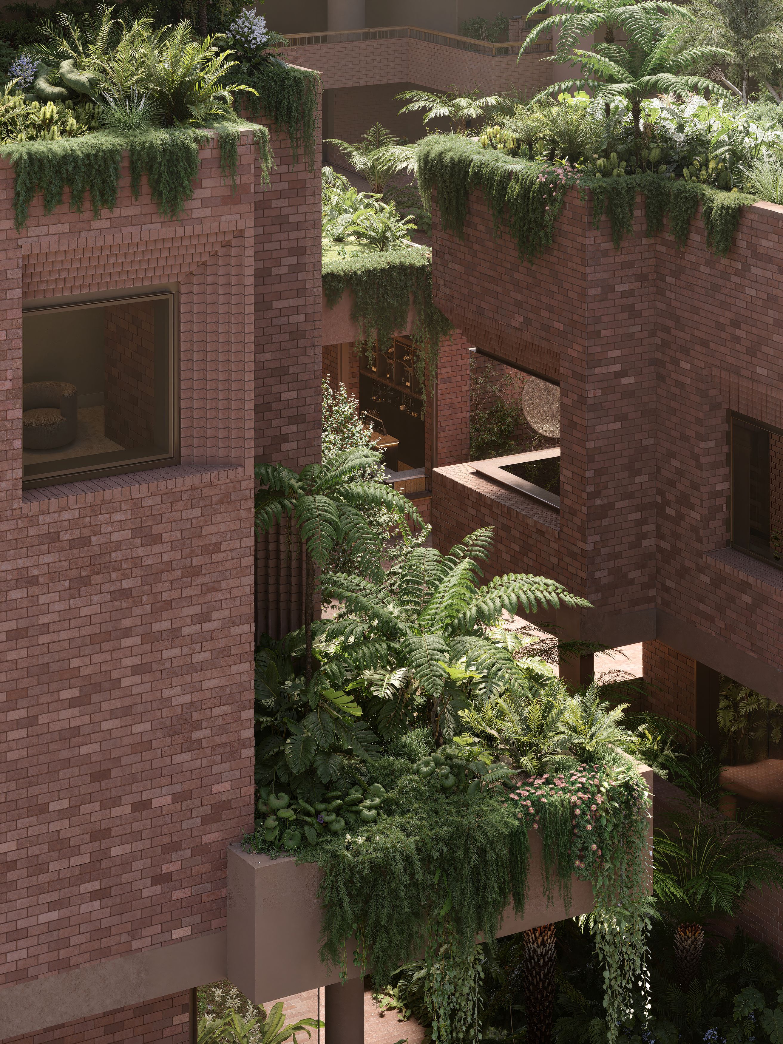 Layered brick terraces and planting above a Sanctuary South Brisbane laneway