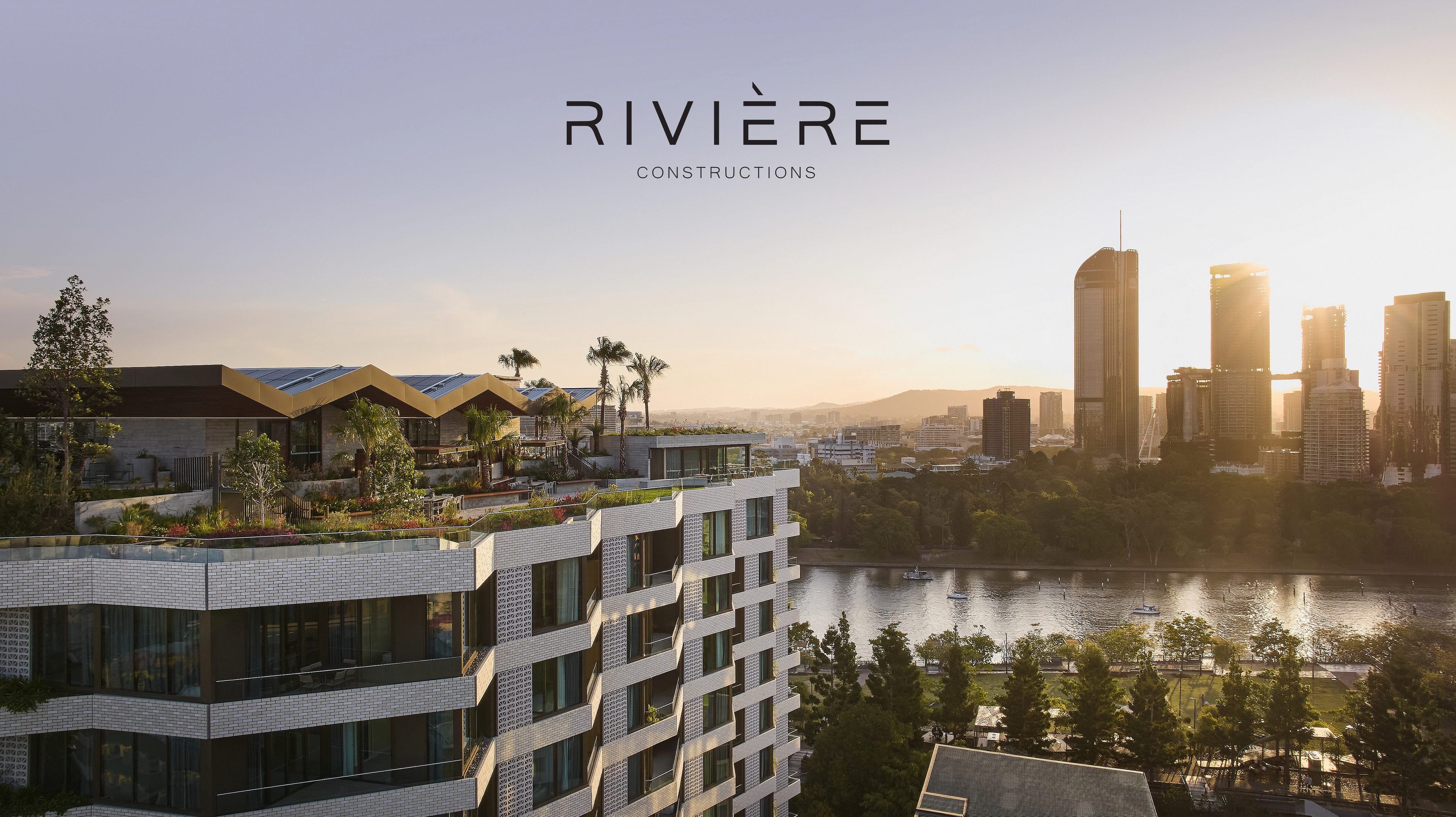 Rooftop garden and spa at Riviere by Aria in Brisbane, landscaped terraces, and views over the Brisbane River.