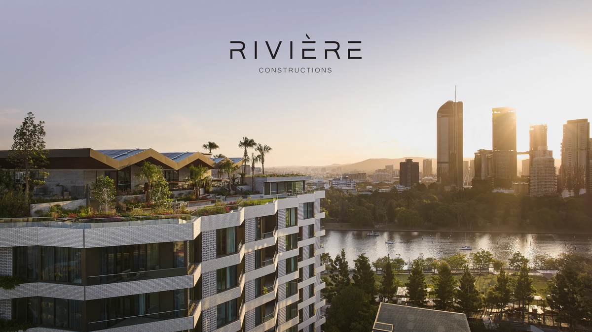Rooftop garden and spa at Riviere by Aria in Brisbane, landscaped terraces, and views over the Brisbane River.