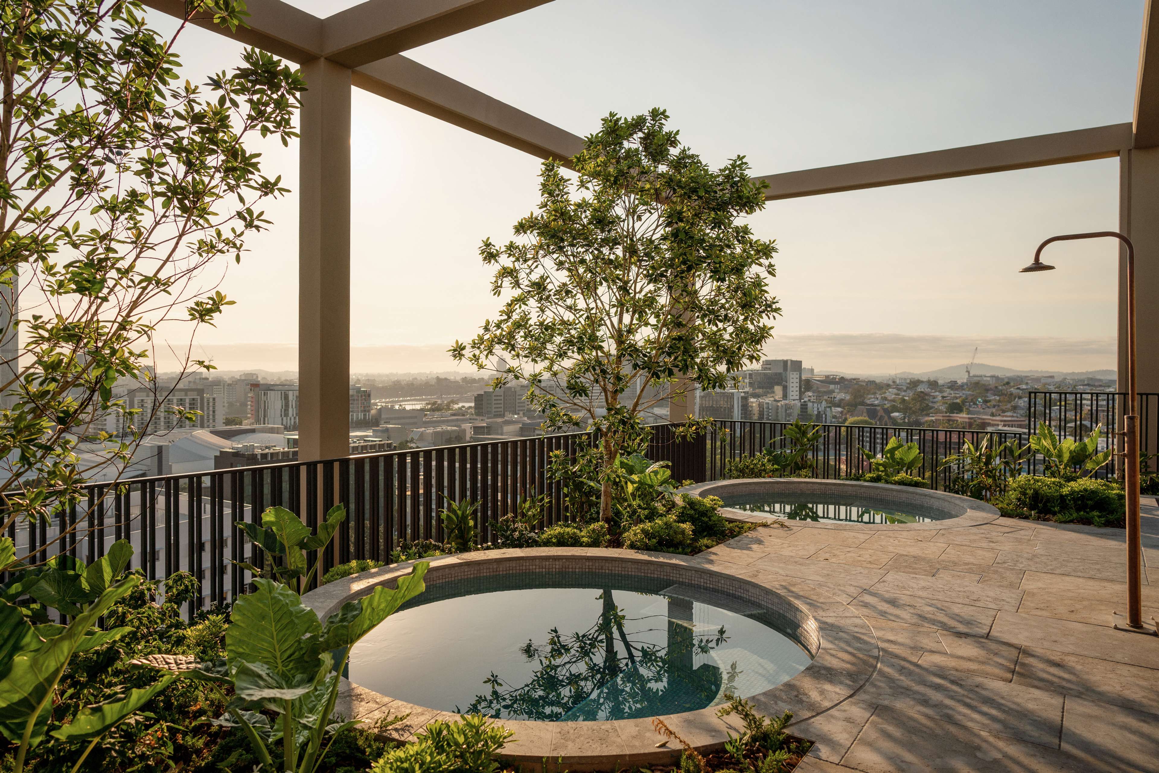 Twin plunge pools on the Trellis by Aria rooftop club