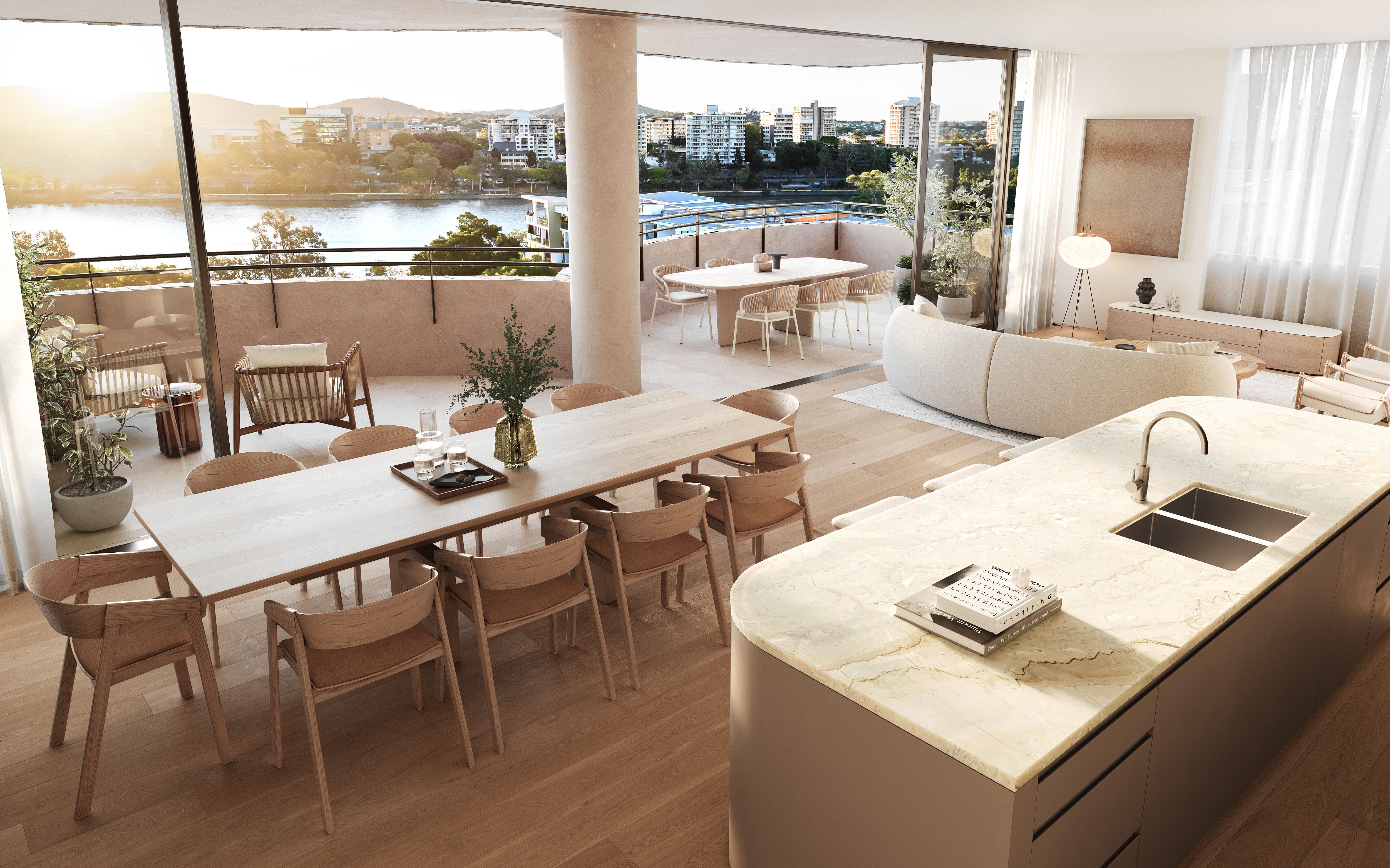 Lucerna by Aria apartment kitchen with sweeping views of Brisbane city.