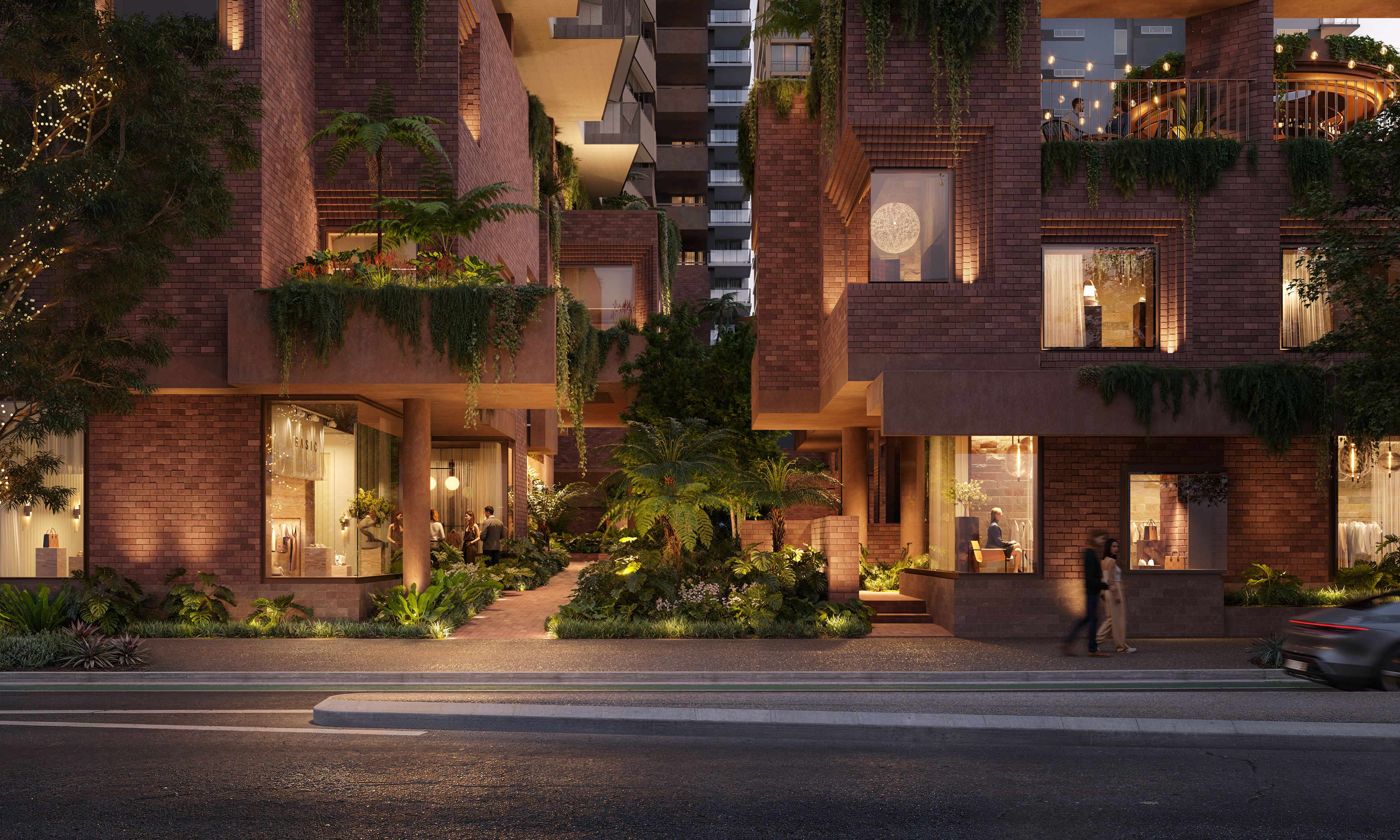 Dusk view of Sanctuary South Brisbane retail along Melbourne Street