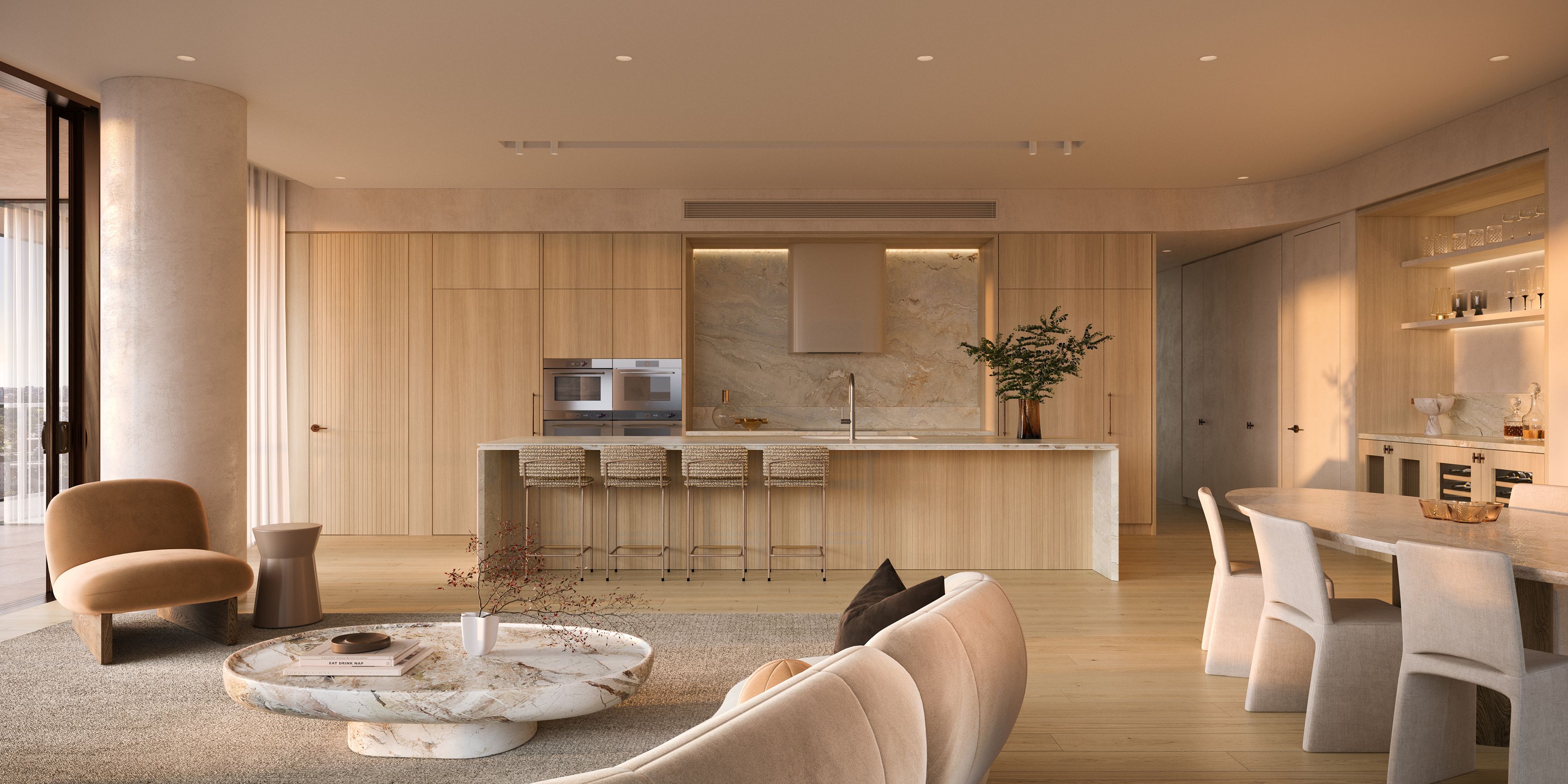 Luxury apartment open plan kitchen and living space at Cliff by Aria in Brisbane, featuring marble finishes, timber cabinetry, integrated appliances, and a spacious dining area.