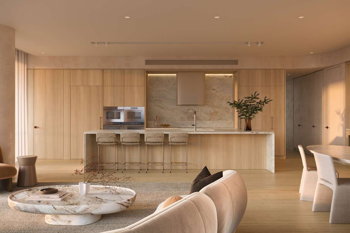 Luxury apartment open plan kitchen and living space at Cliff by Aria in Brisbane, featuring marble finishes, timber cabinetry, integrated appliances, and a spacious dining area.