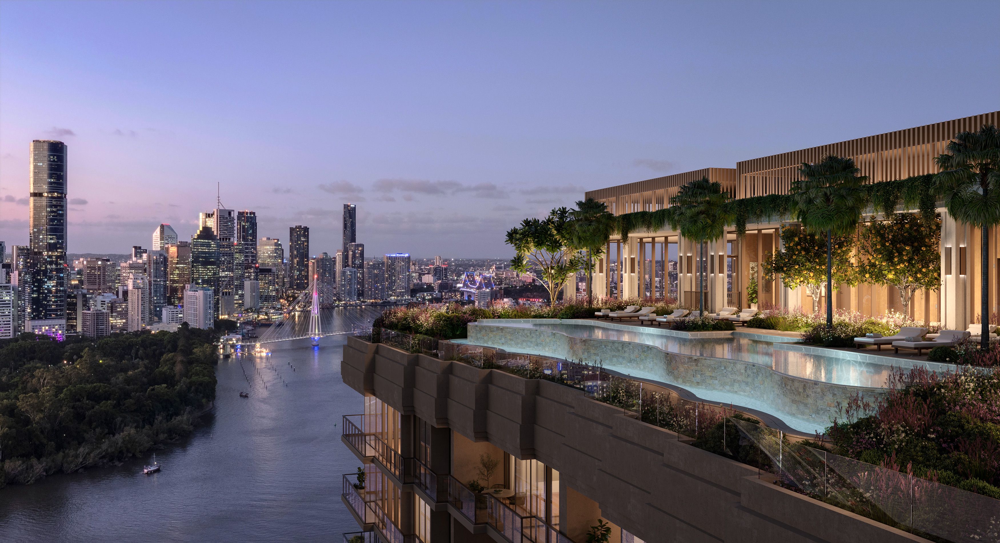 Rooftop infinity pool at Cliff by Aria in Brisbane with sweeping views of the Brisbane River, city skyline, and botanic gardens at sunset.