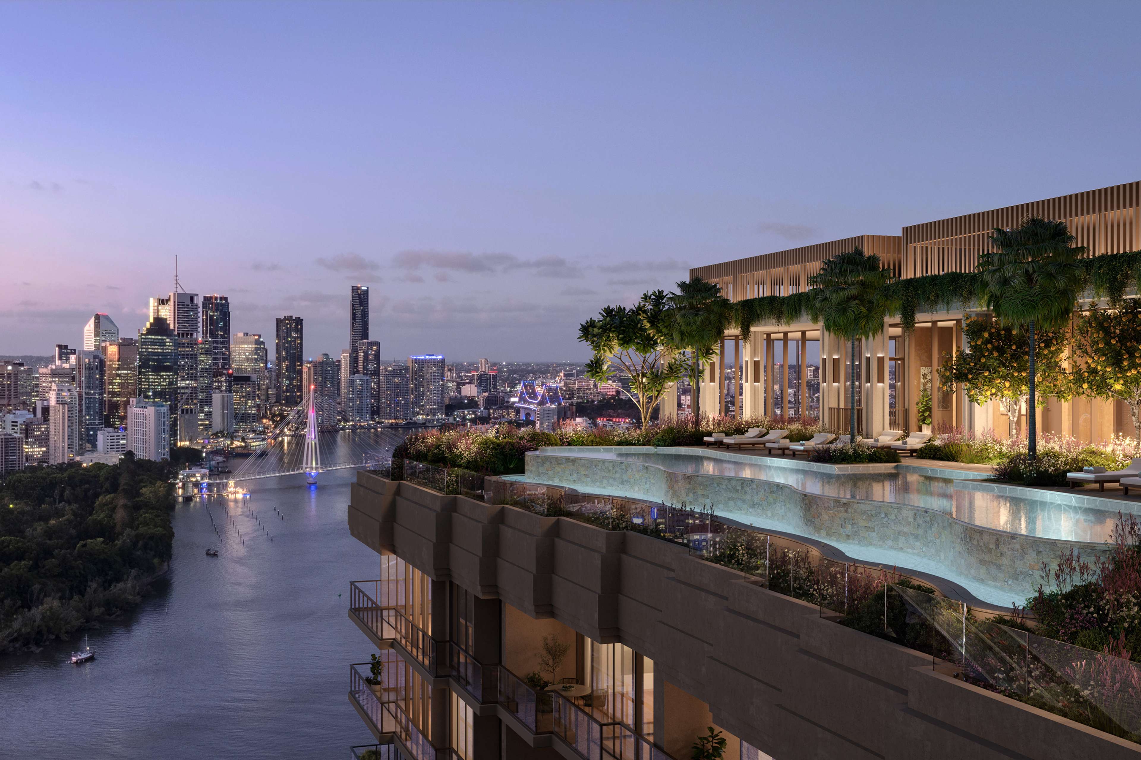 Rooftop infinity pool at Cliff by Aria in Brisbane with sweeping views of the Brisbane River, city skyline, and botanic gardens at sunset.