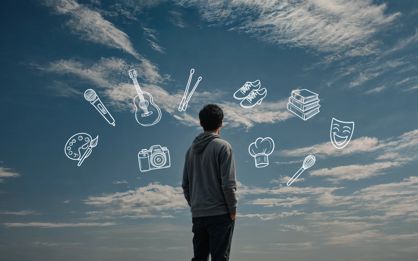 A young boy looking at the sky wondering. In the background there is linework art showing different categories like music, painting, dancing, literature, acting etc.