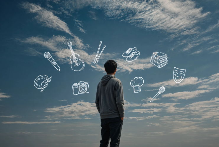 A young boy looking at the sky wondering. In the background there is linework art showing different categories like music, painting, dancing, literature, acting etc.