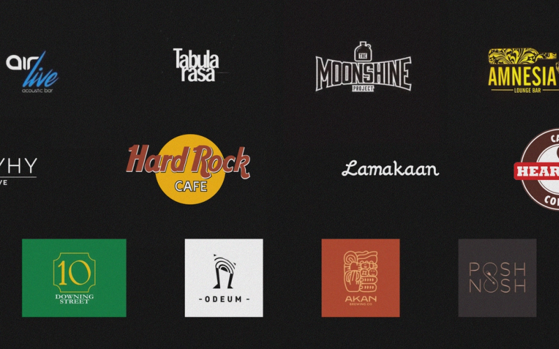 A graphic image showing the logos of all the famous places for live music in Hyderabad: Air Live, Tabula Rasa, Moonshine Project, Amnesia Lounge Bar, Skyhy Live, Hard Rock Cafe, Lamakaan, Heart Cup Coffee, 10 Downing Street, Odeum by Prism, Akan, Posh Nosh.