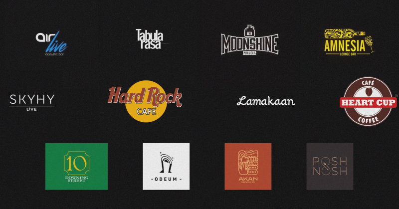 A graphic image showing the logos of all the famous places for live music in Hyderabad: Air Live, Tabula Rasa, Moonshine Project, Amnesia Lounge Bar, Skyhy Live, Hard Rock Cafe, Lamakaan, Heart Cup Coffee, 10 Downing Street, Odeum by Prism, Akan, Posh Nosh.