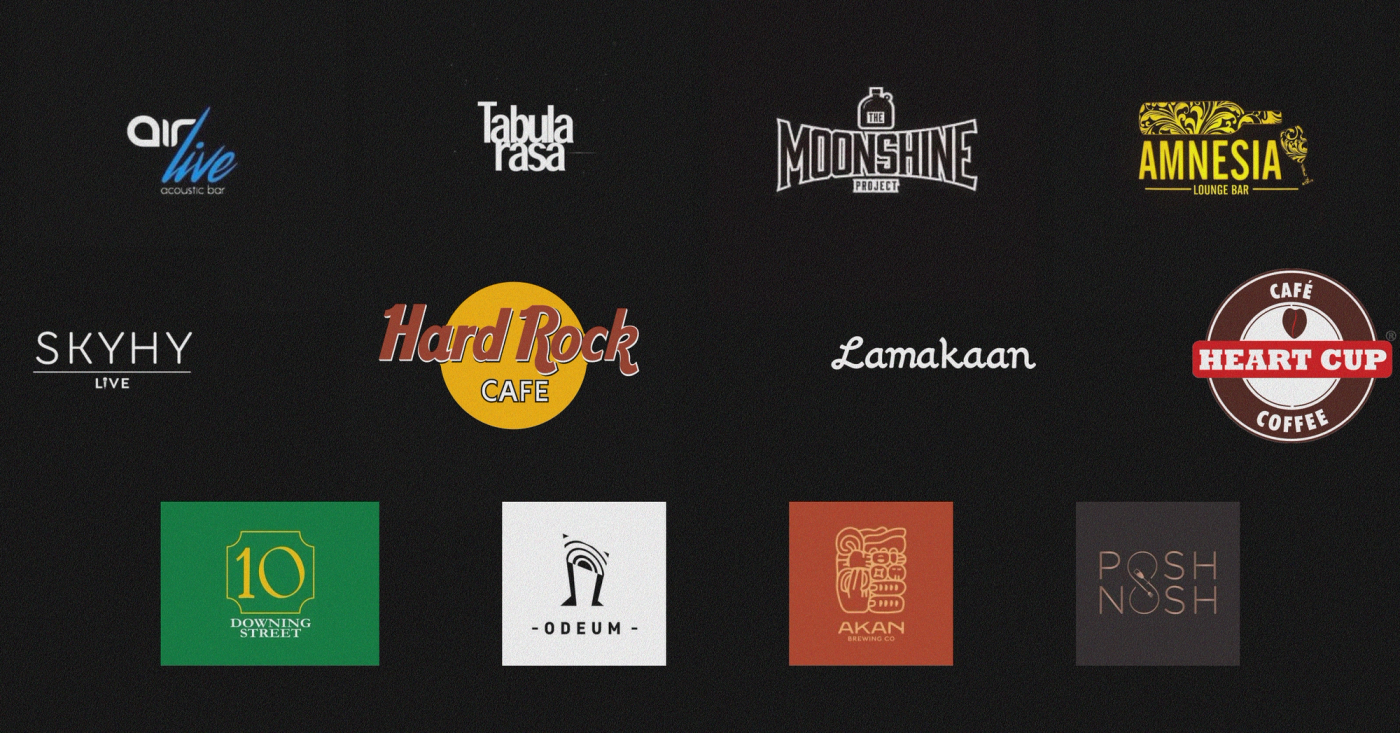 A graphic image showing the logos of all the famous places for live music in Hyderabad: Air Live, Tabula Rasa, Moonshine Project, Amnesia Lounge Bar, Skyhy Live, Hard Rock Cafe, Lamakaan, Heart Cup Coffee, 10 Downing Street, Odeum by Prism, Akan, Posh Nosh.