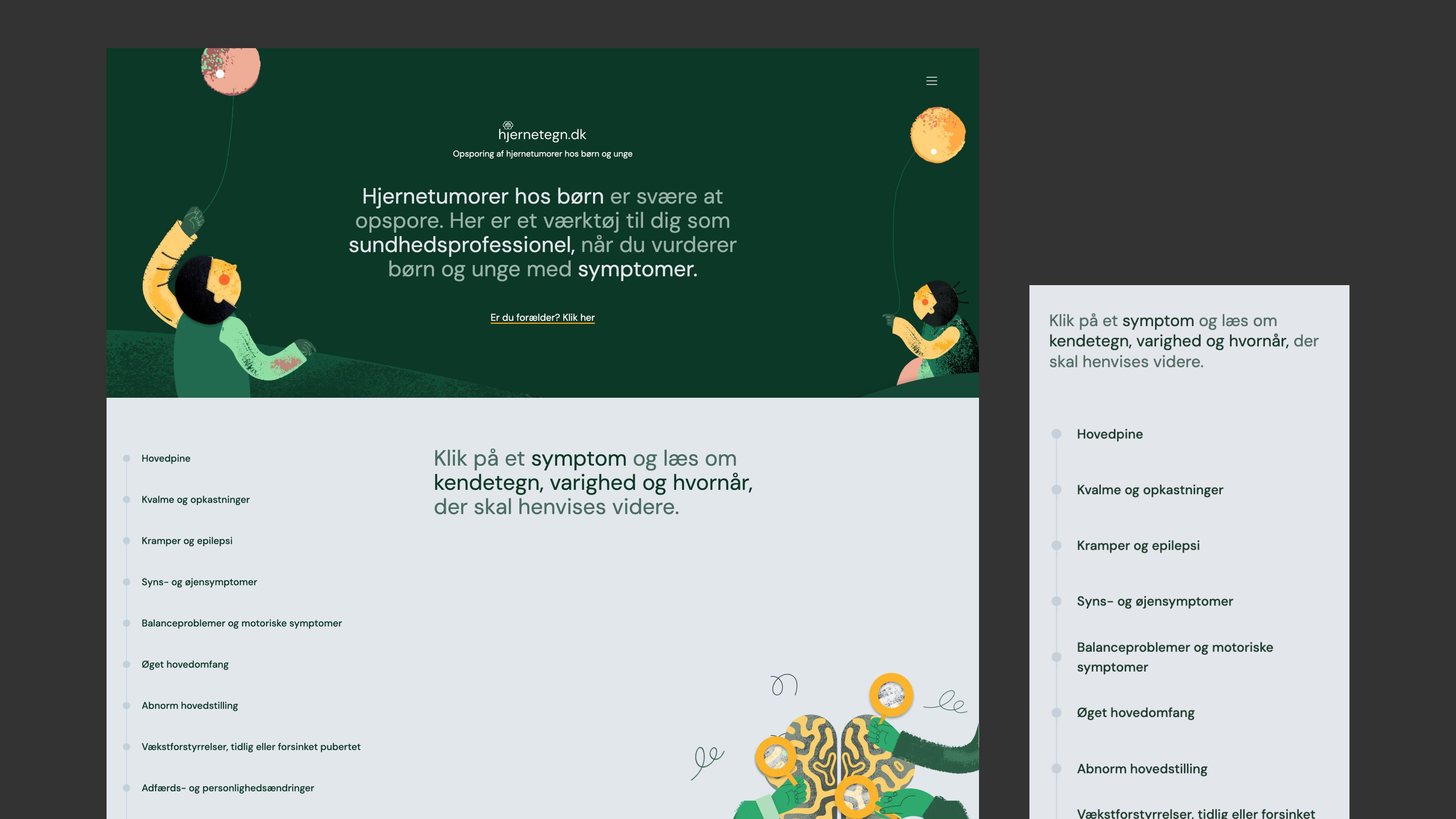 Desktop and mobile size screenshots of the hjernetegn frontpage