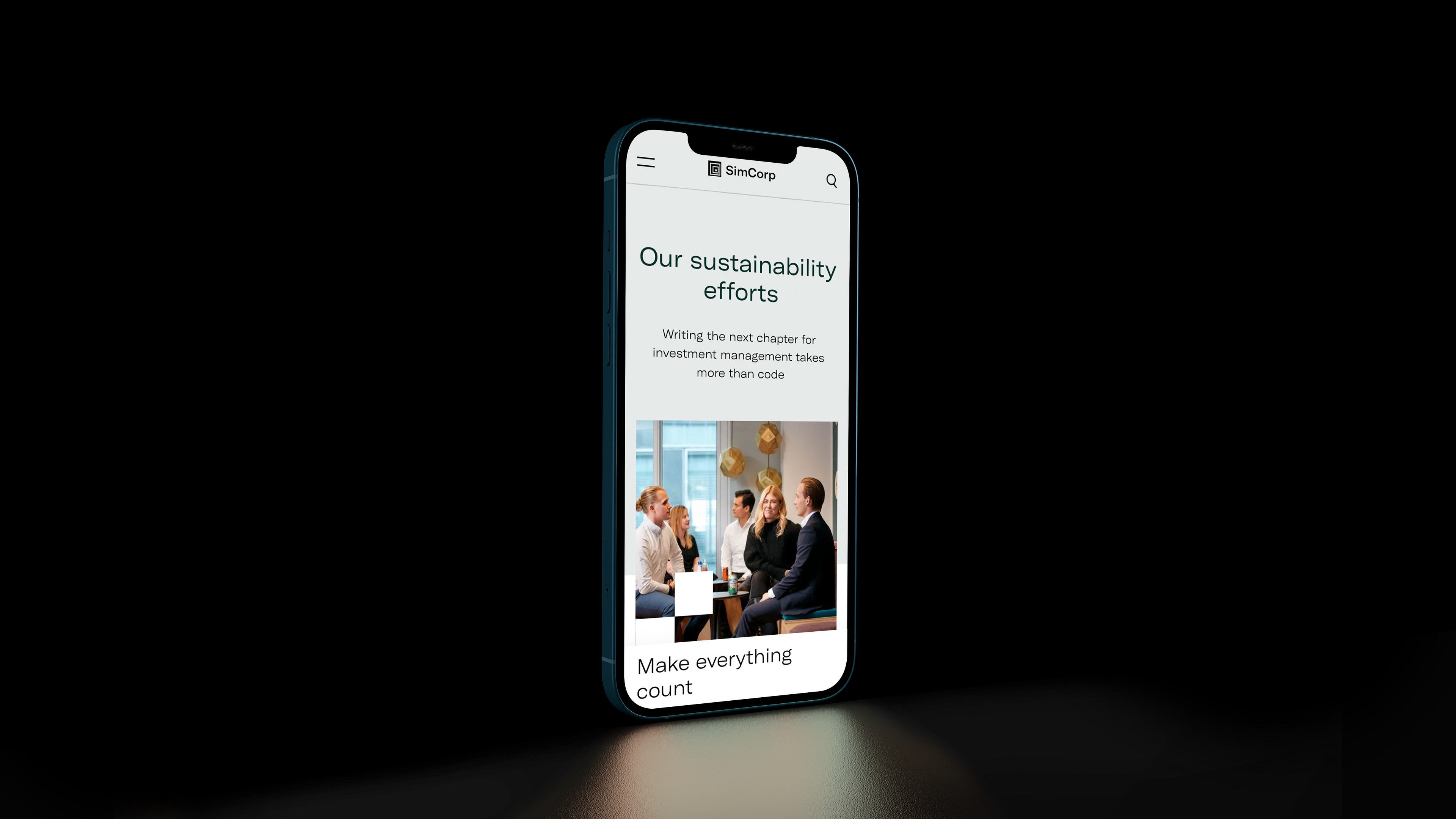 Mobile mockup of a page about sustainability efforts in SimCorp