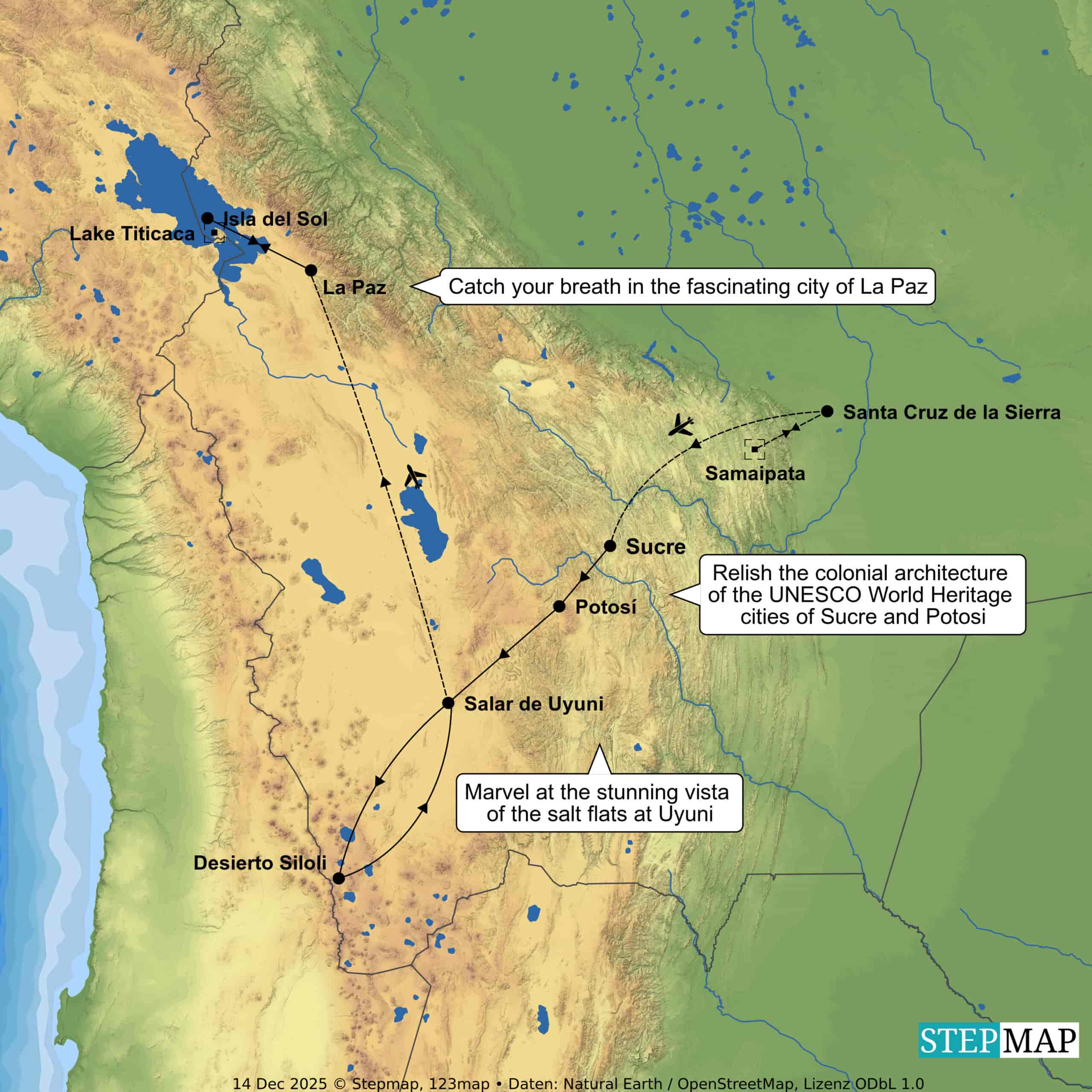Route map for Bolivia – From the Lowlands to the High Andes