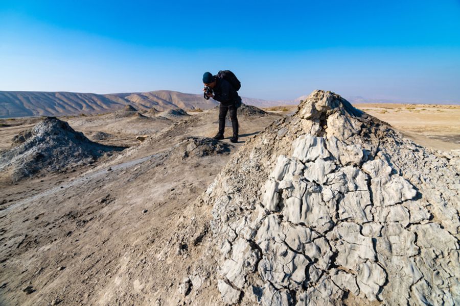Azerbaijan.Bubbling crater of a mud volcano