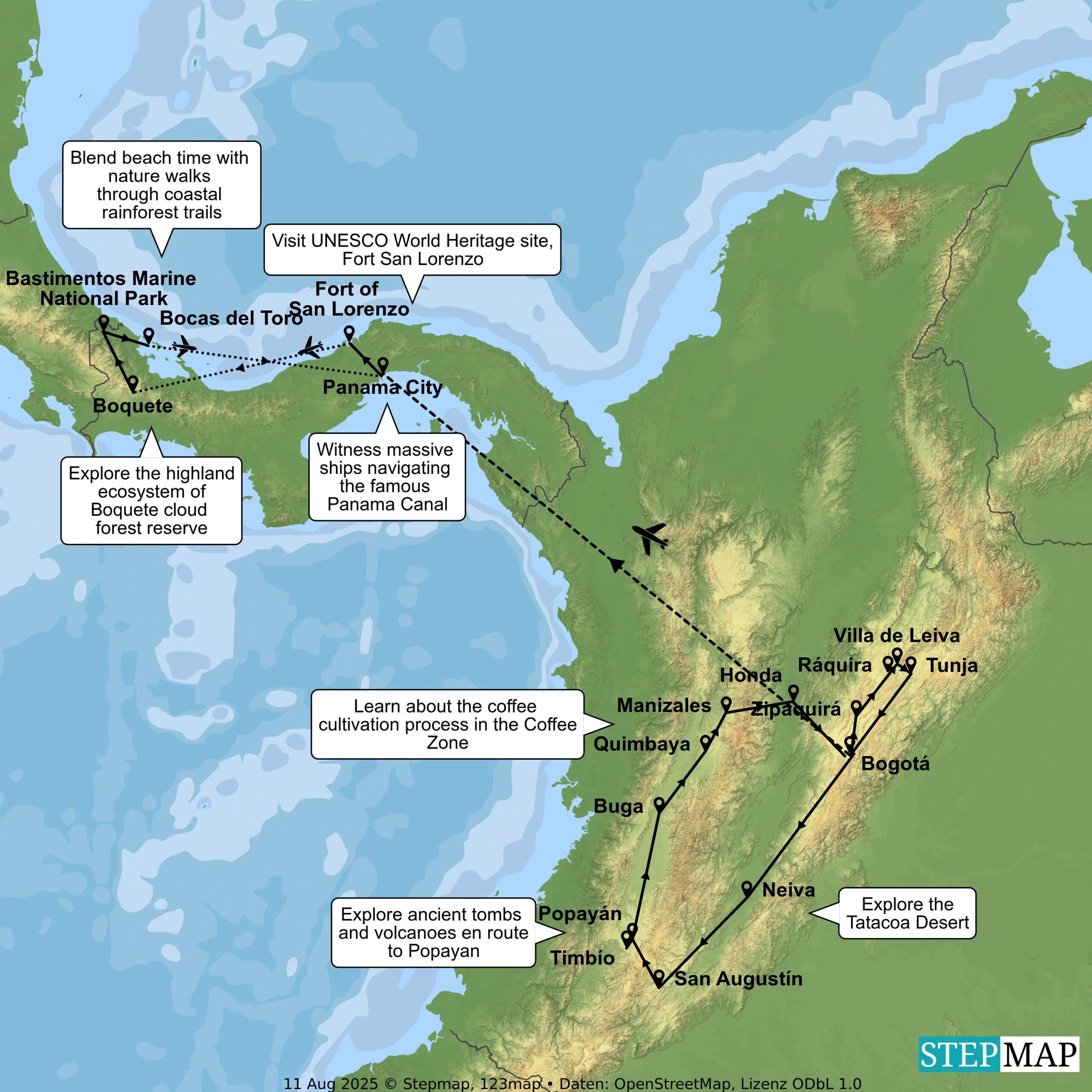Colombia and Panama Tour Map