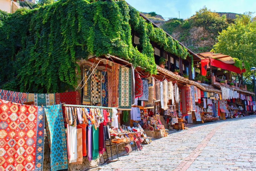 Old Bazaar with souvenir shops, Kruje Albania. Krujë is a town and a municipality in north-central Albania