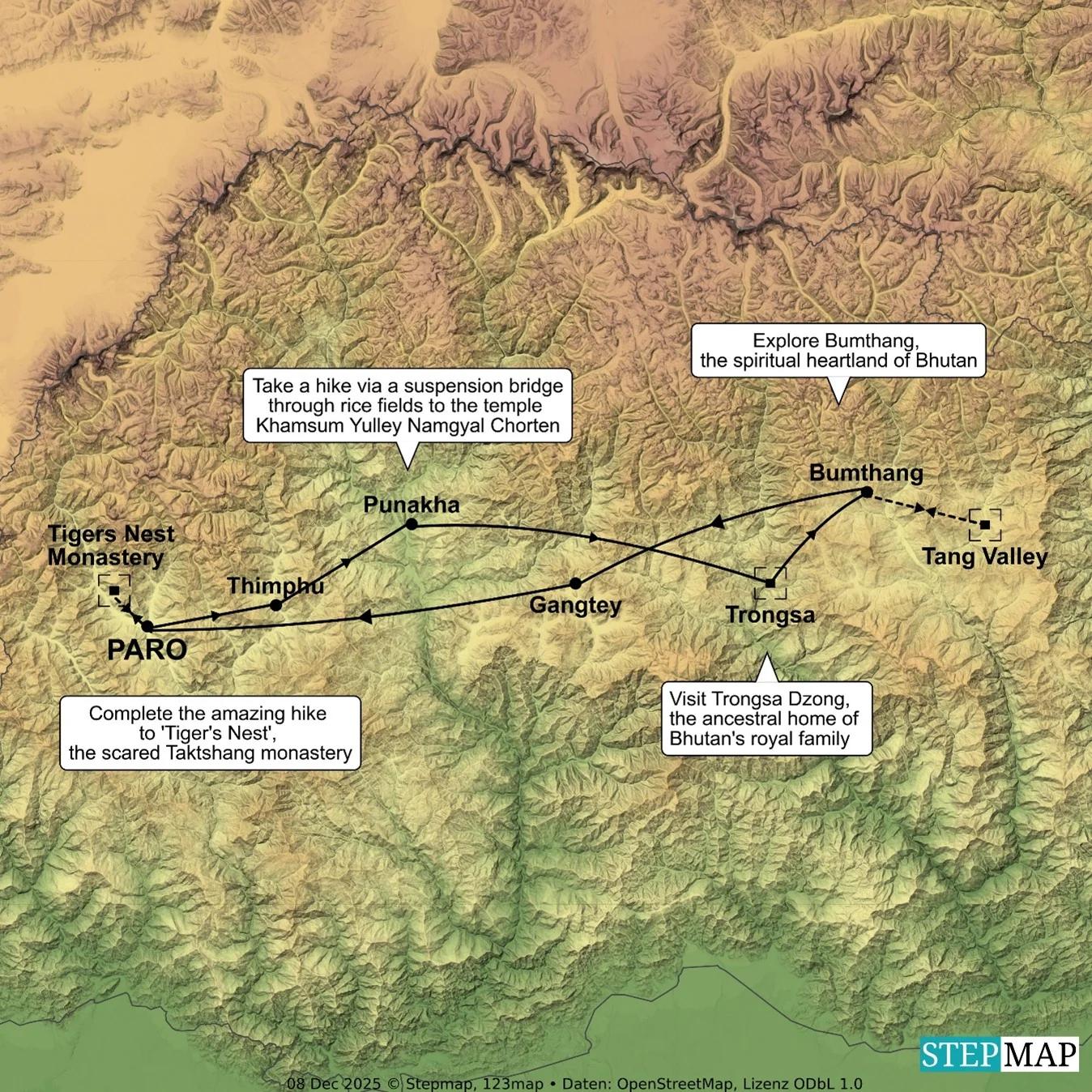 Bhutan Festival Tour Map
