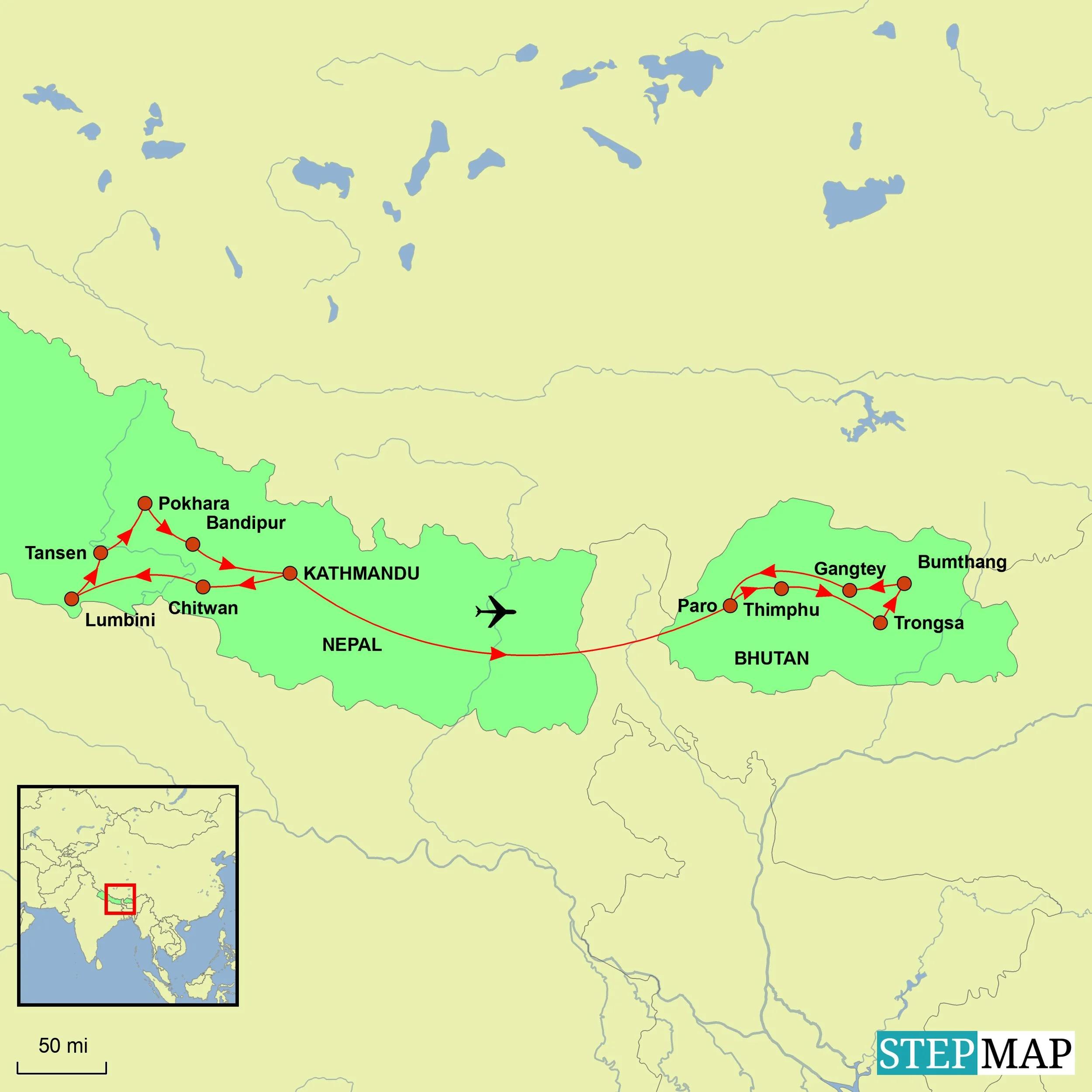 Nepal and Bhutan map