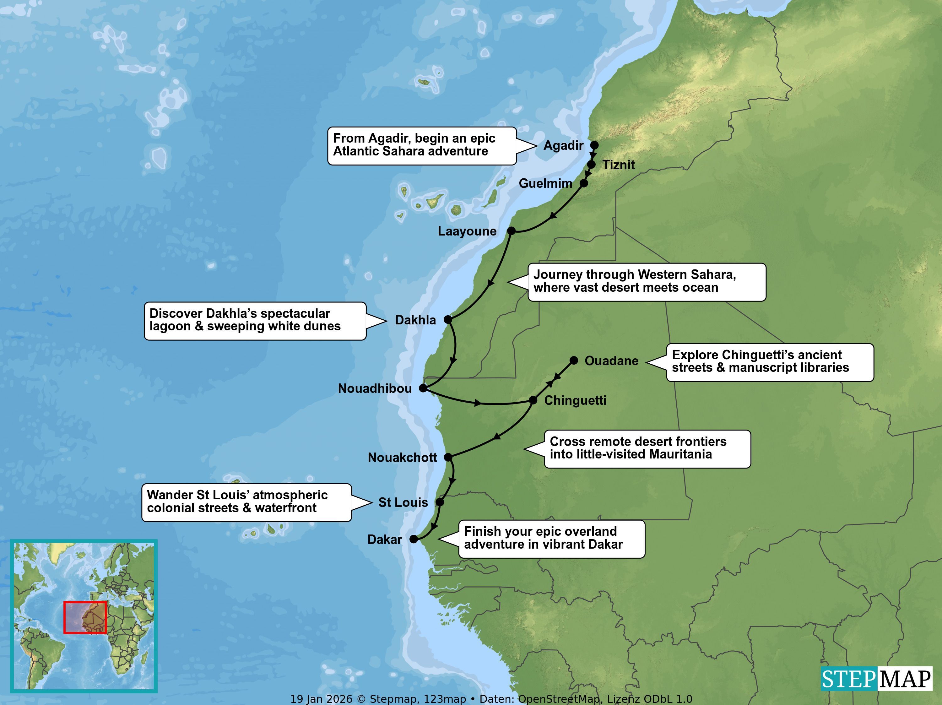 Atlantic Sahara Overland Journey - Morocco, Mauritania & Senegal - Tour Map