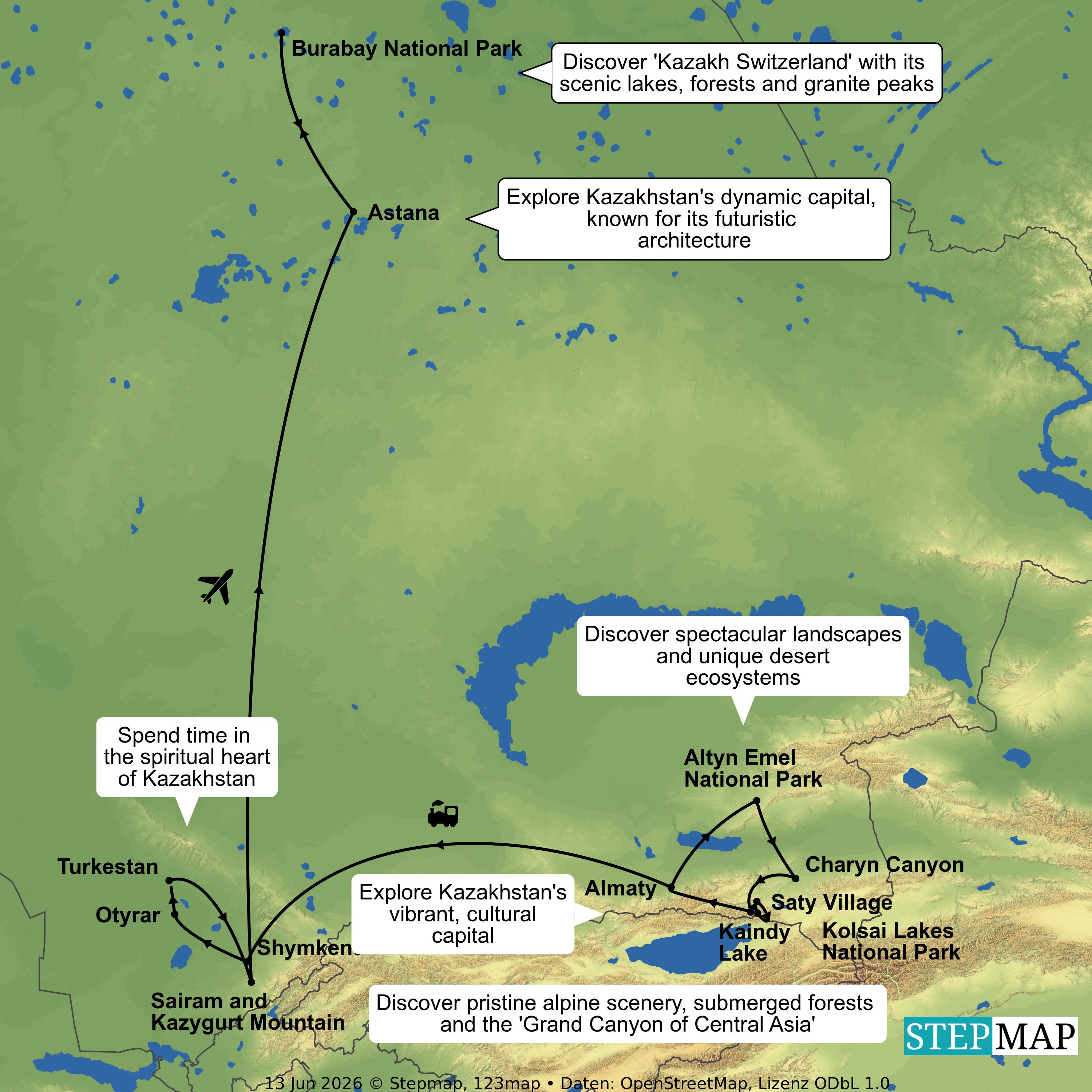 Route map for Kazakhstan Odyssey: Landscapes, Legends & Silk Road Cities