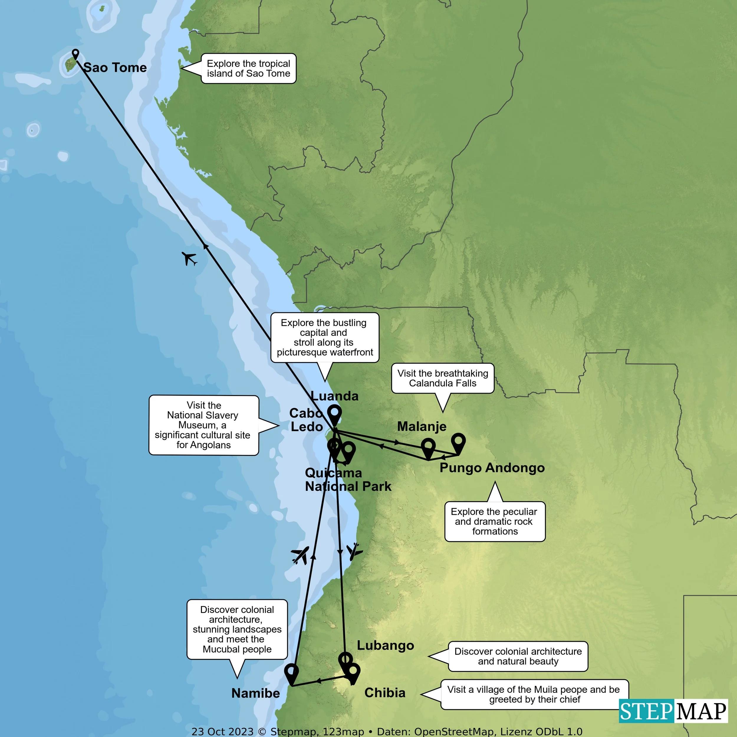 Route map for Angola and São Tomé Explorer