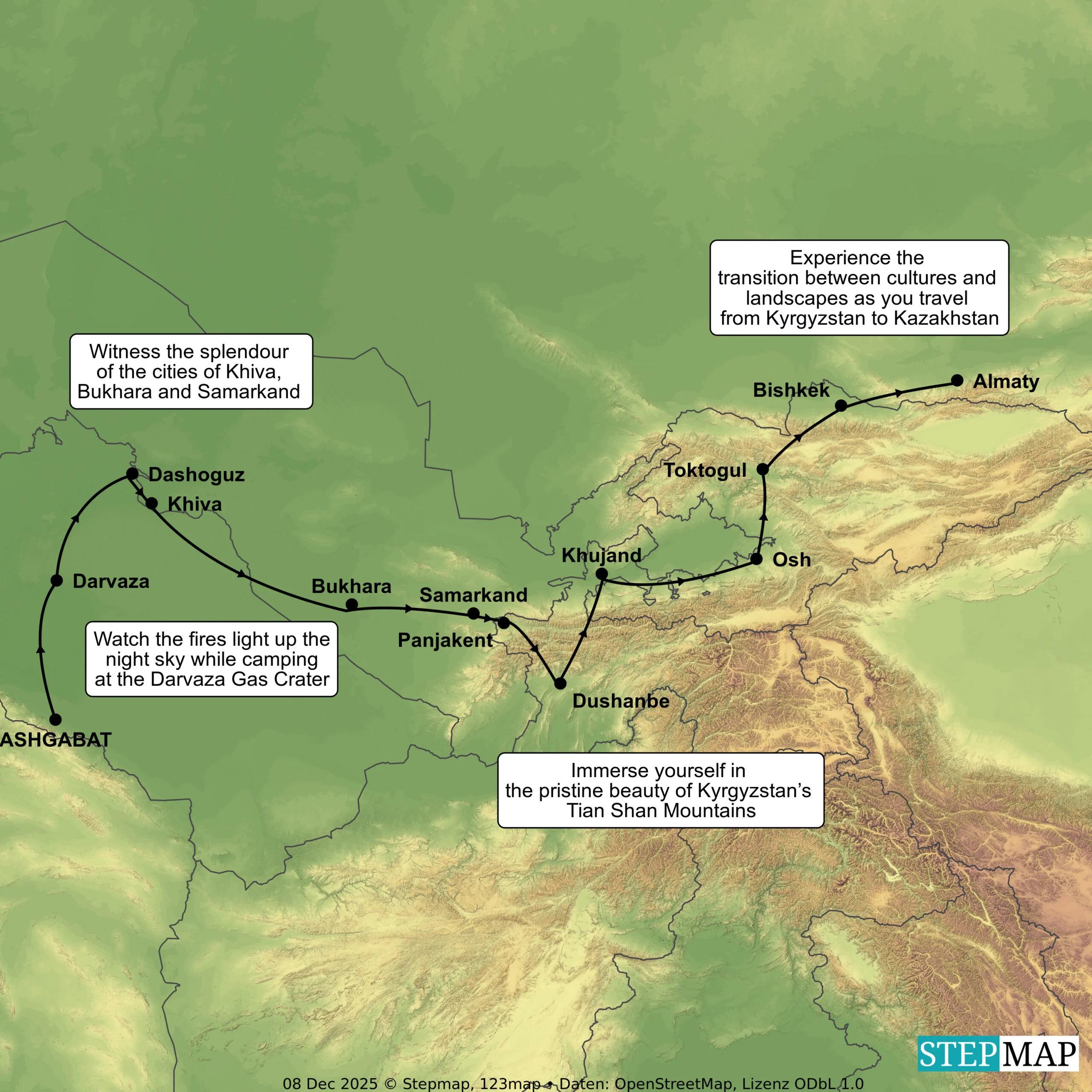 Route map for Legends of the Silk Road — The Five Stans
