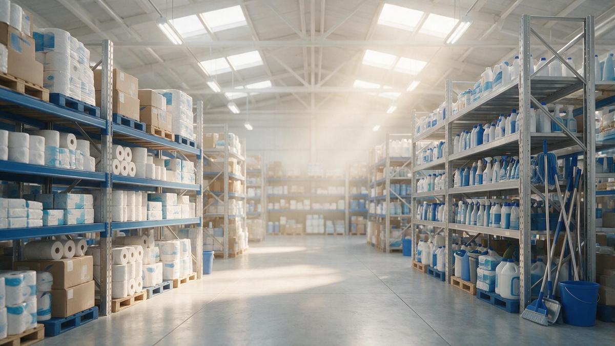 Barclay Wholesale warehouse aisle stocked with janitorial supplies