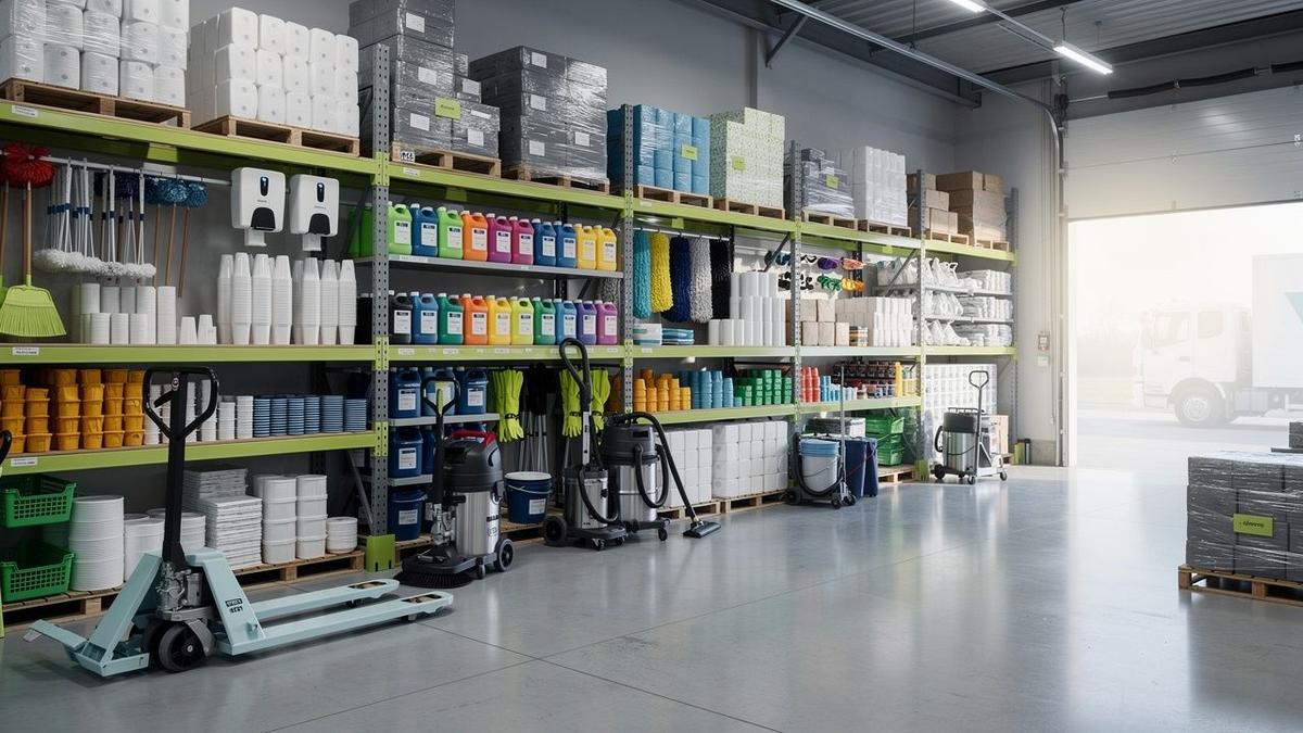 Warehouse aisle of janitorial stock