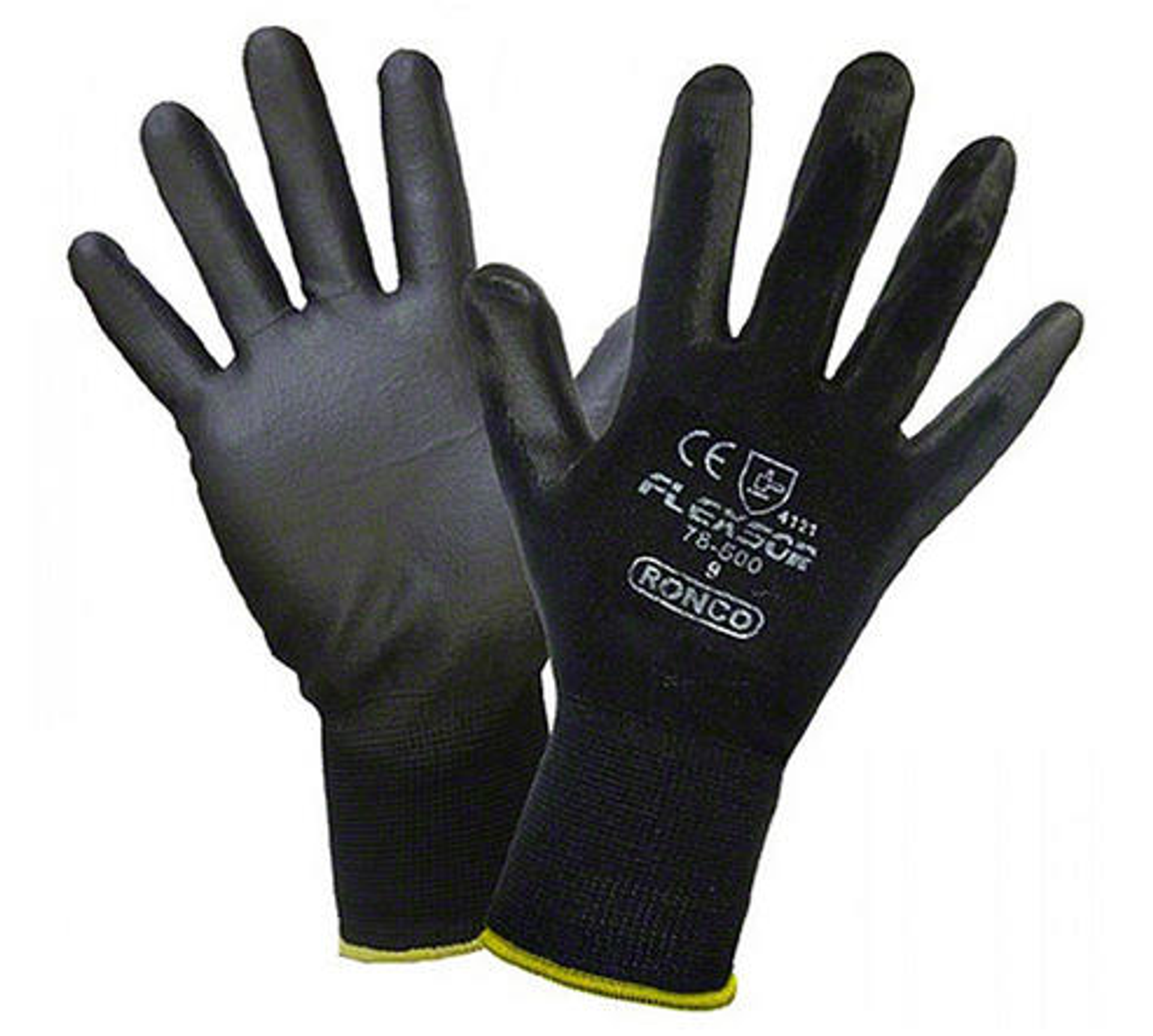 FLEXSOR - BLACK - X-Small - Poly PALM Coated Glove -  12 pair/bag   -   RONCO  78-500-06