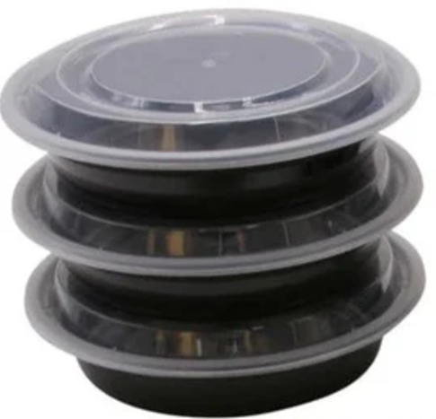24oz Round 7" Plastic Microwaveable Container with Lid - Black Base / CLear Lid - 150/cs MC0724B