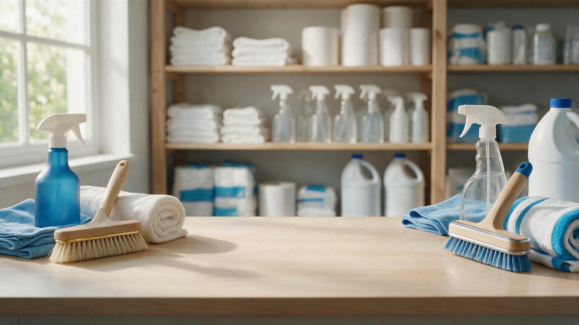 Cleaning products and folded towels on a workbench