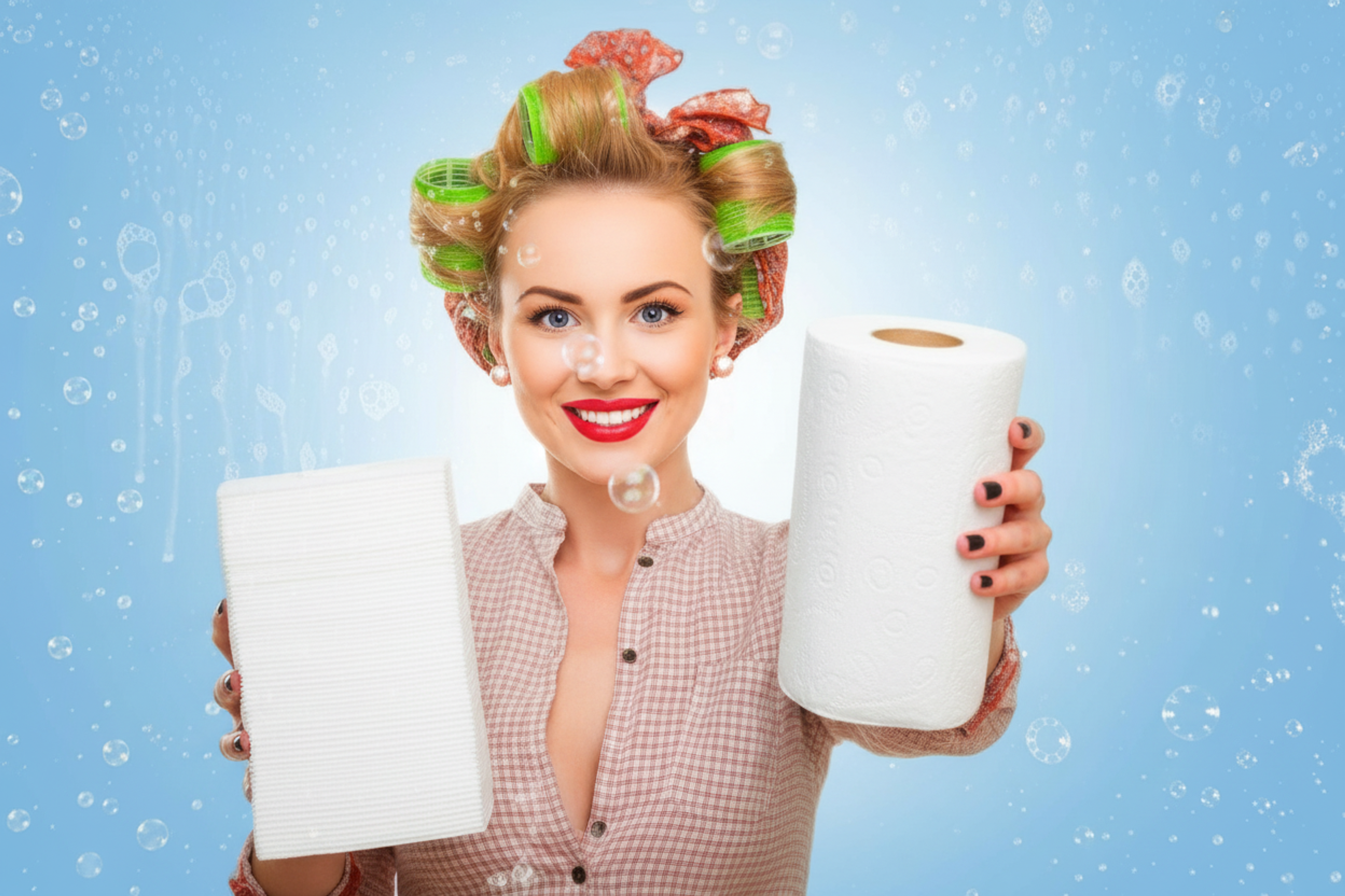 Holding a stack of folded paper towels and a paper towel roll