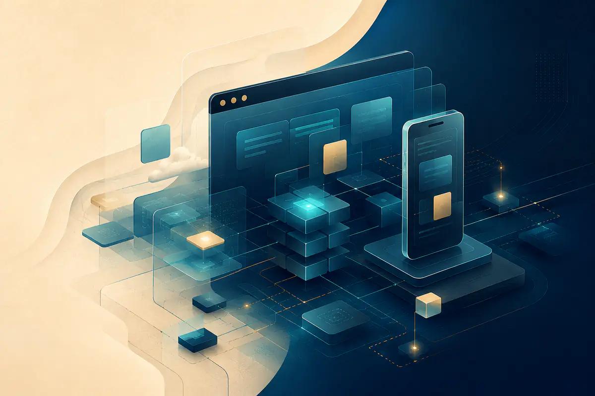 Abstract connected web and mobile product layers illustrating a cross-platform application architecture.