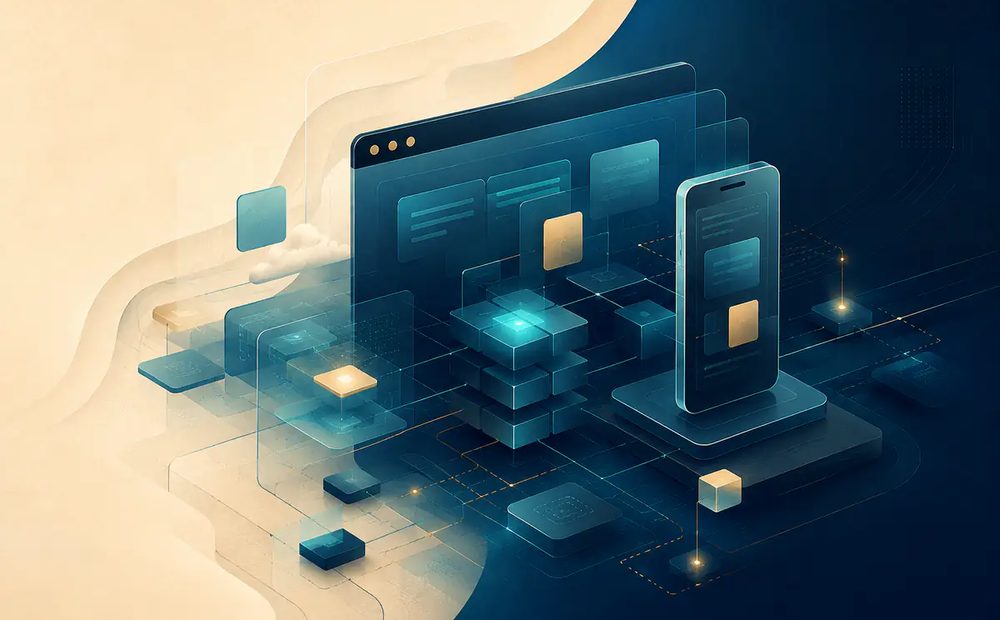 Abstract connected web and mobile product layers illustrating a cross-platform application architecture.