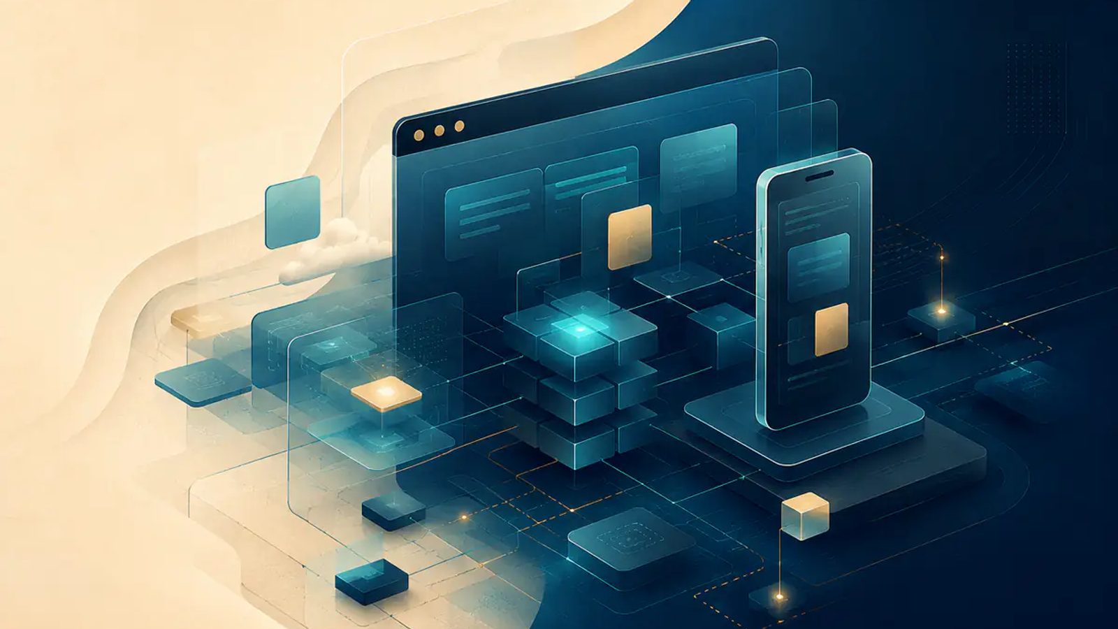 Abstract connected web and mobile product layers illustrating a cross-platform application architecture.